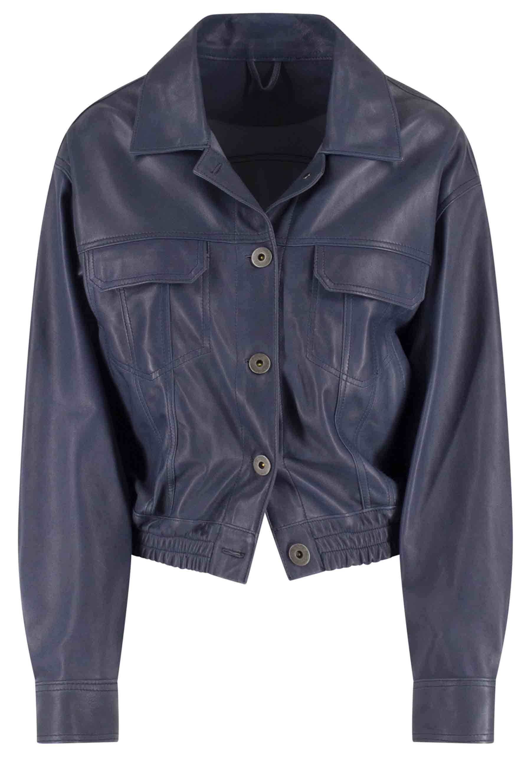 Bomber court femme en cuir bleu non doublé avec élastique en bas