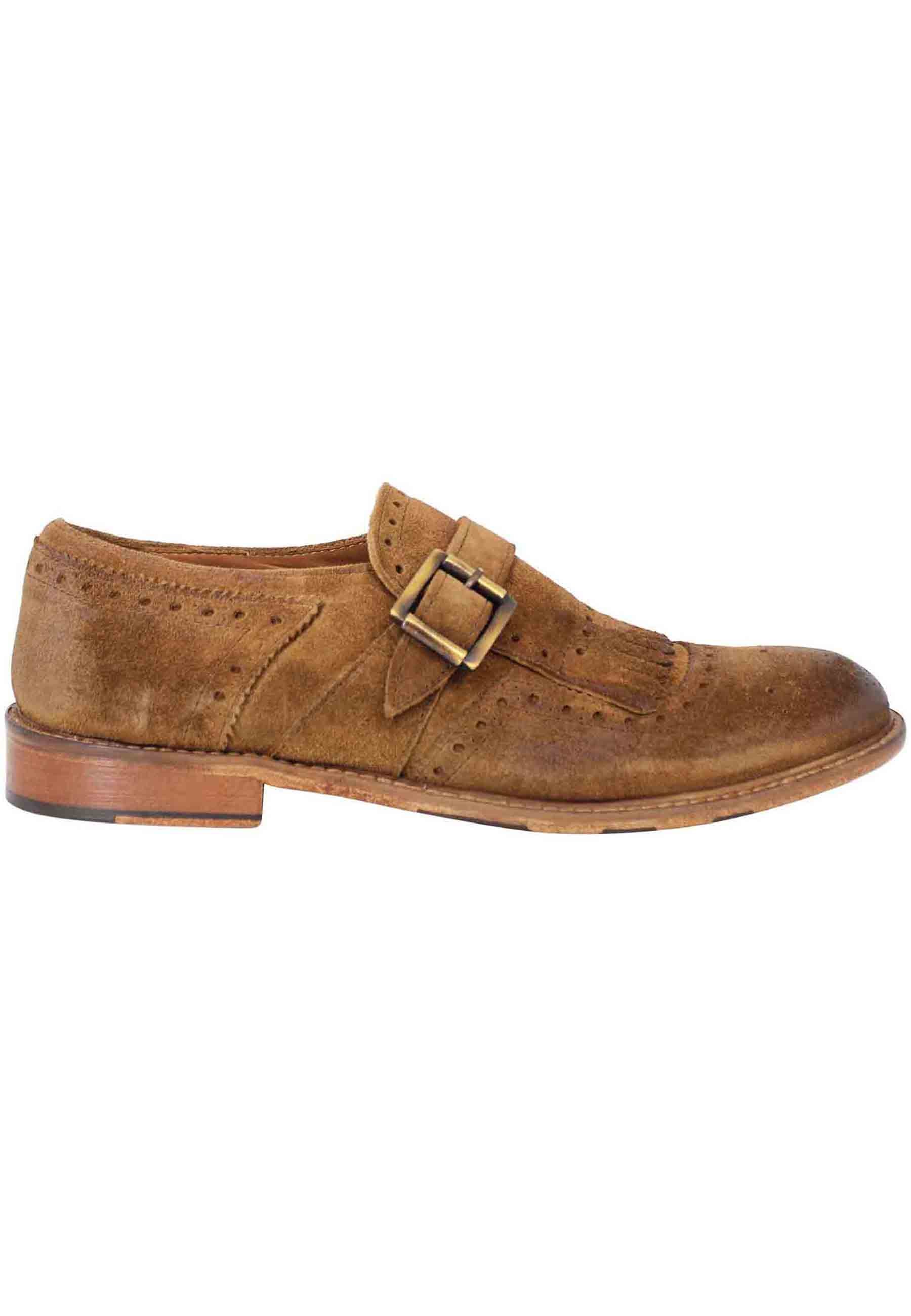 Men's loafers in leather suede with side buckle and fringes