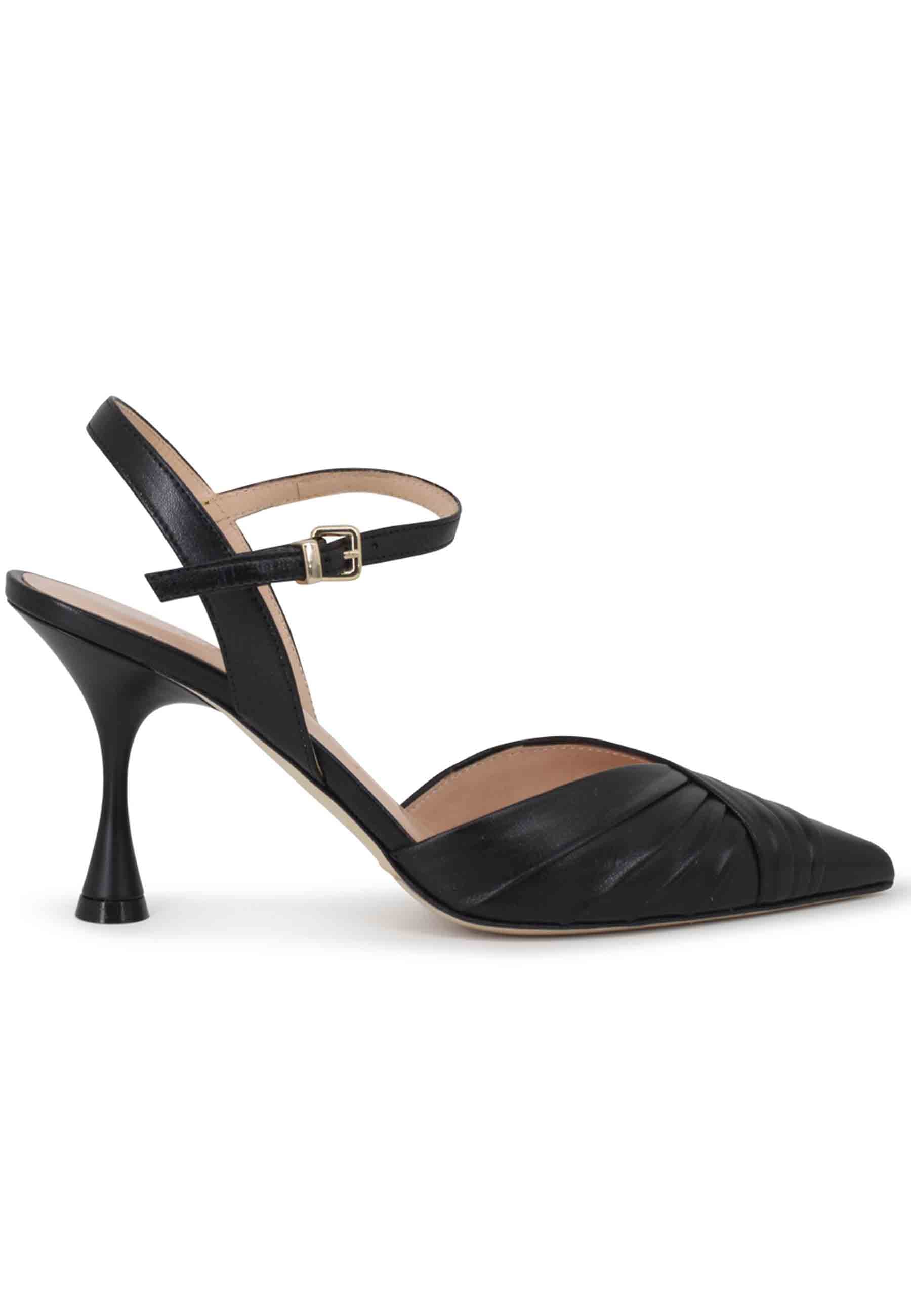 Women's black leather sandals with ankle strap and high heel