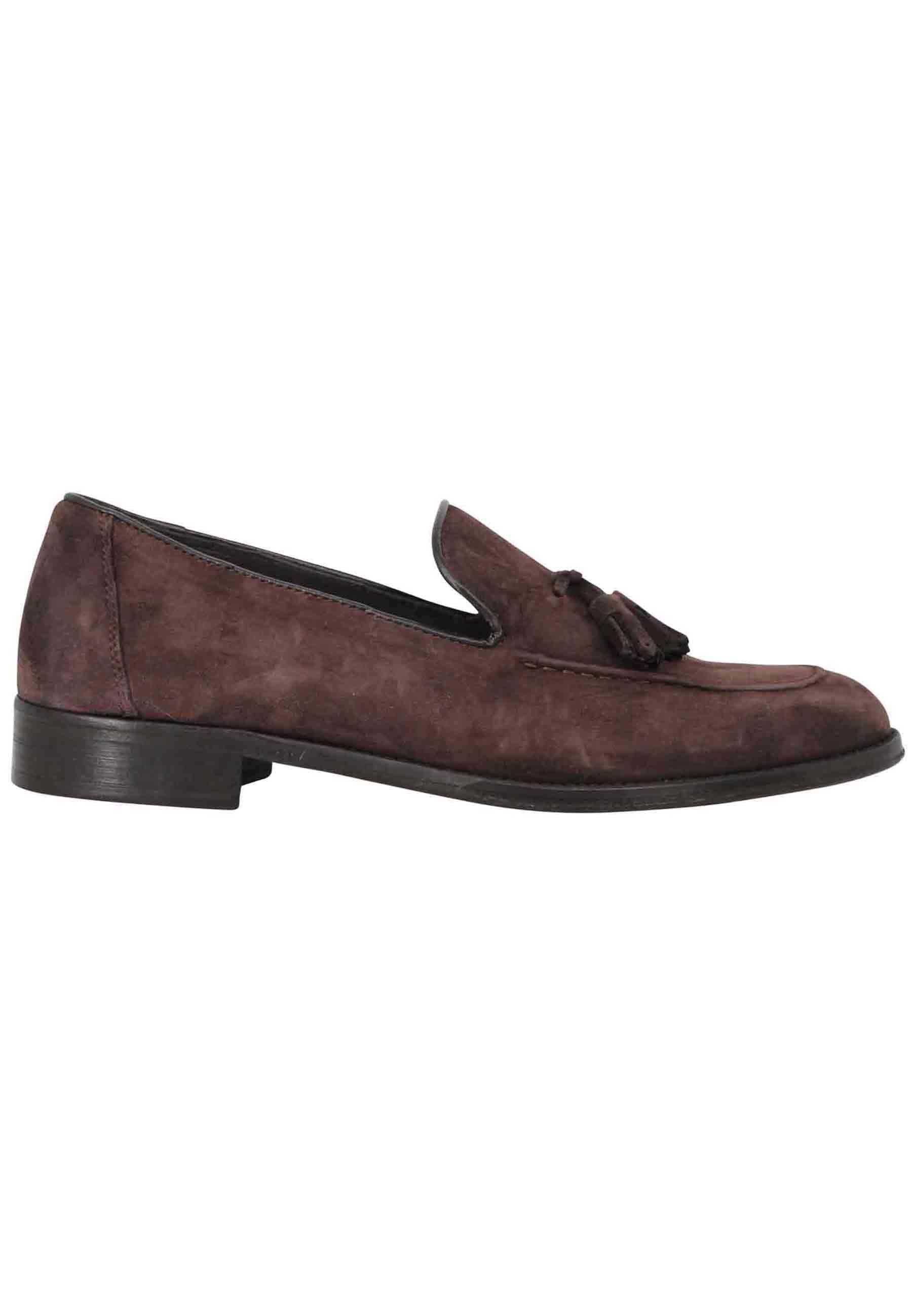 Men's moccasins in dark brown suede with tassels and stitched leather sole