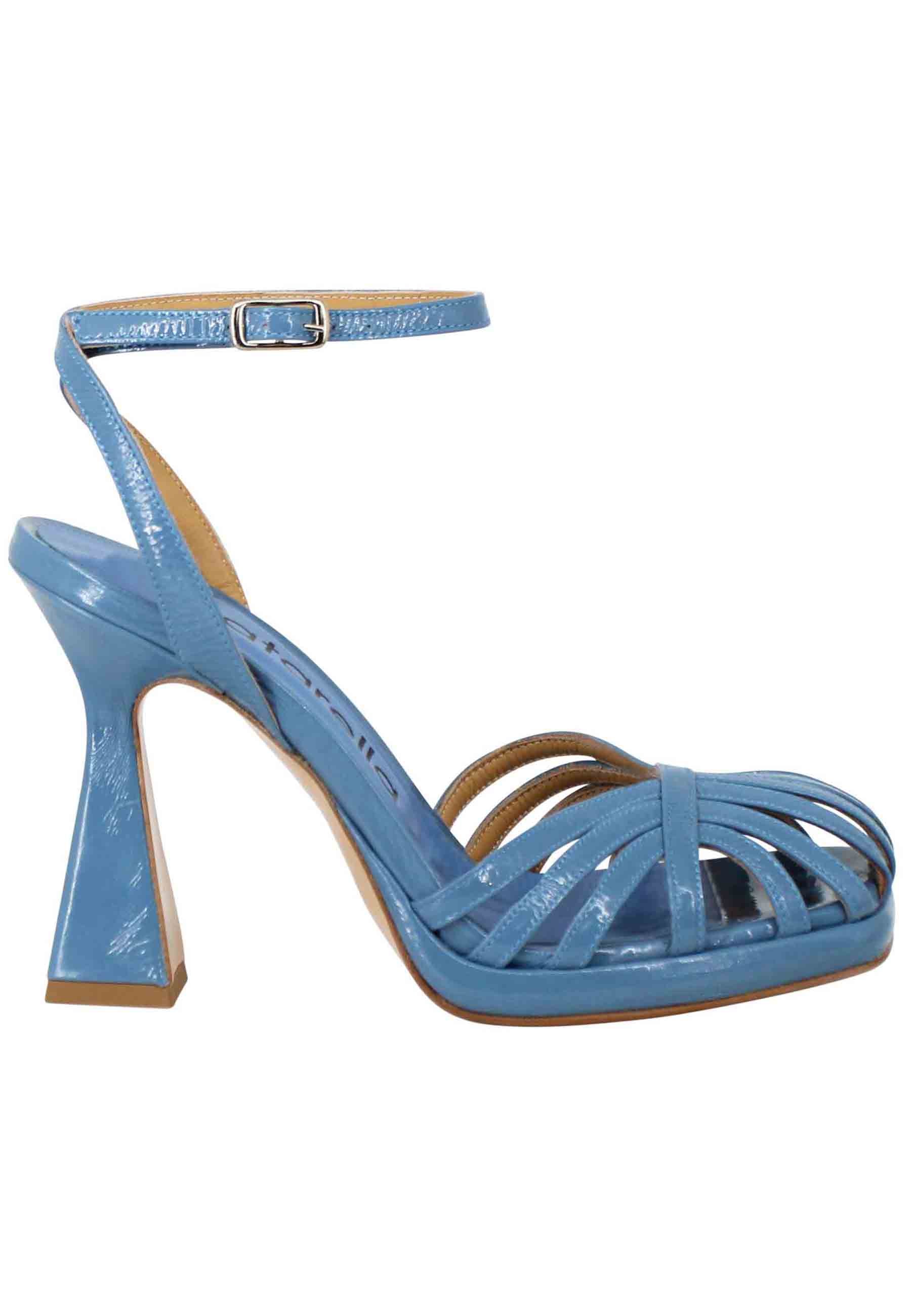 Women's blue naplack sandals with ankle strap, high heel and platform