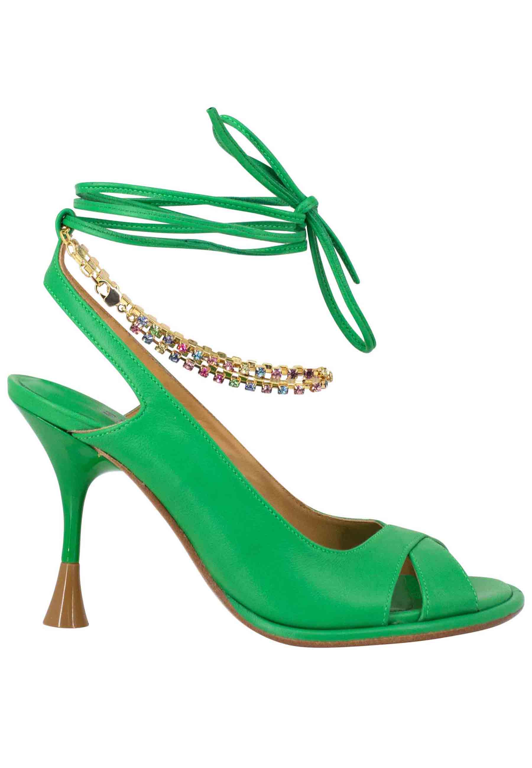 Women's green leather sandals with high heel and jeweled anklet