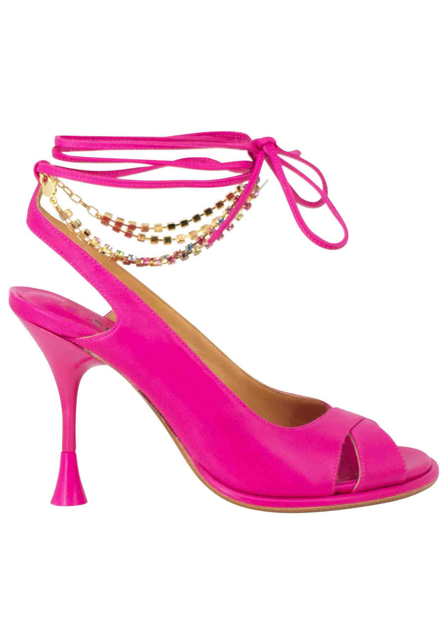 Women's sandals in fuchsia leather with high heel and jeweled anklet