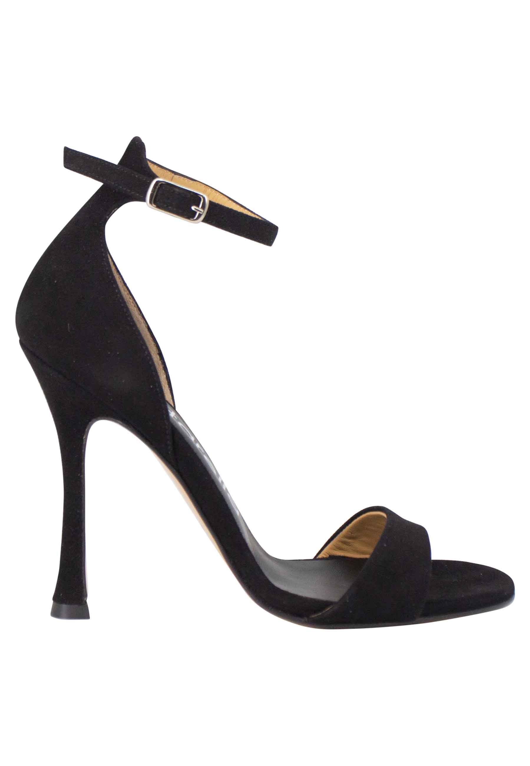 Women's sandals in black suede with high heel and ankle strap