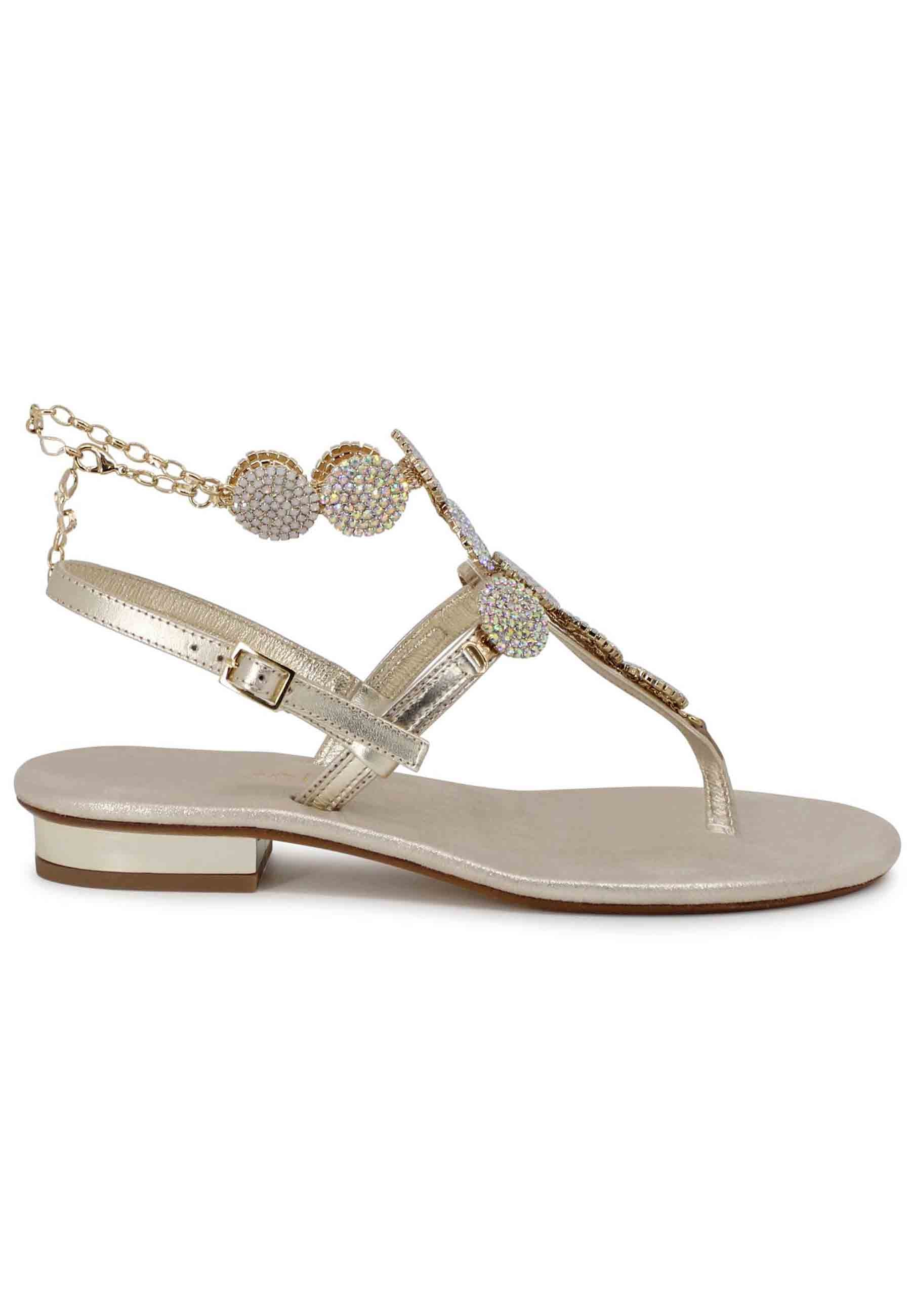 Women's jewel flip-flop sandals in platinum leather with low silver heel