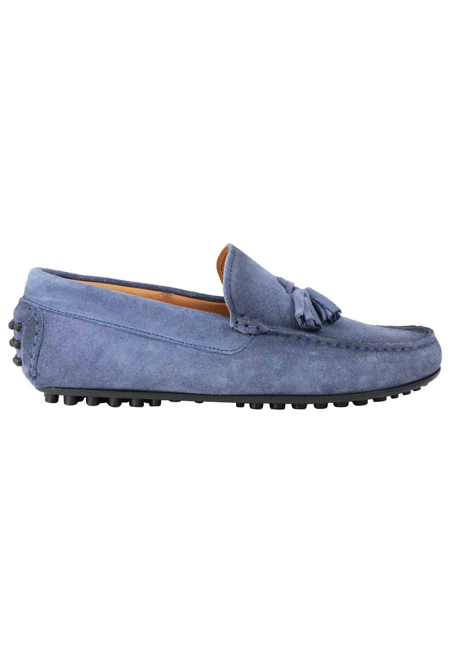 Men's moccasins in blue greased suede with rubber sole