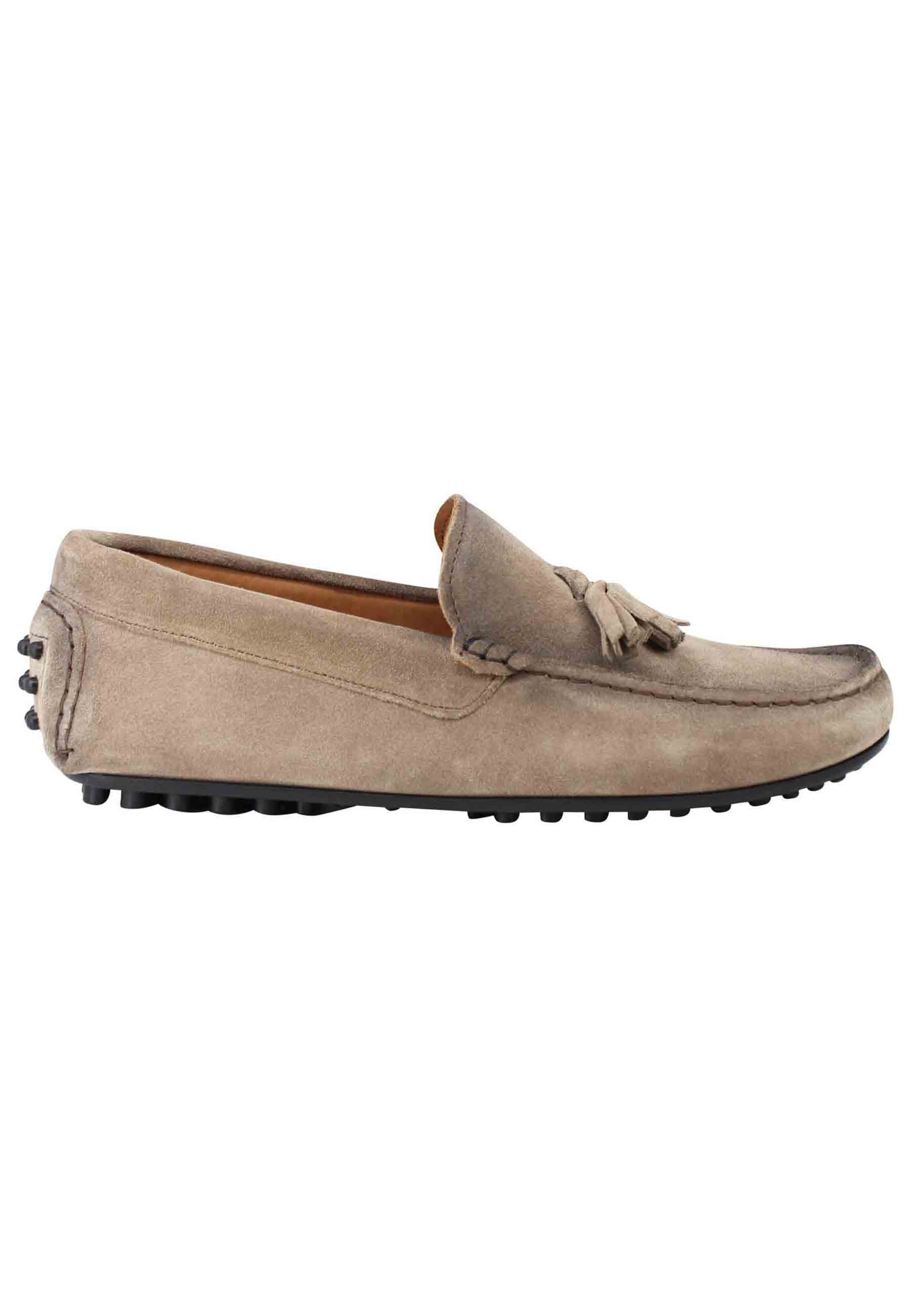 Men's moccasins in gray greased suede with rubber sole