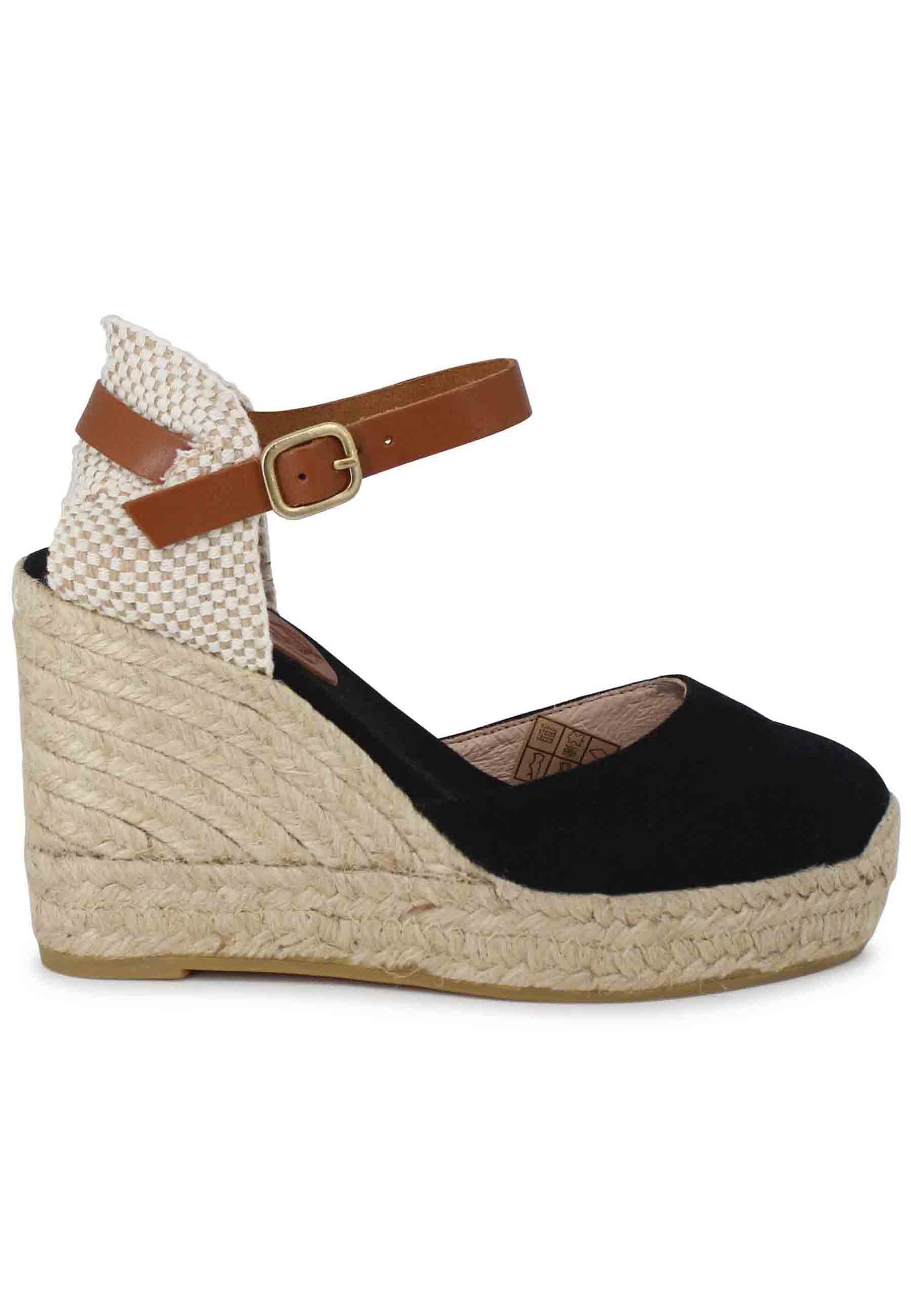 Women's black hemp espadrilles sandals with leather strap