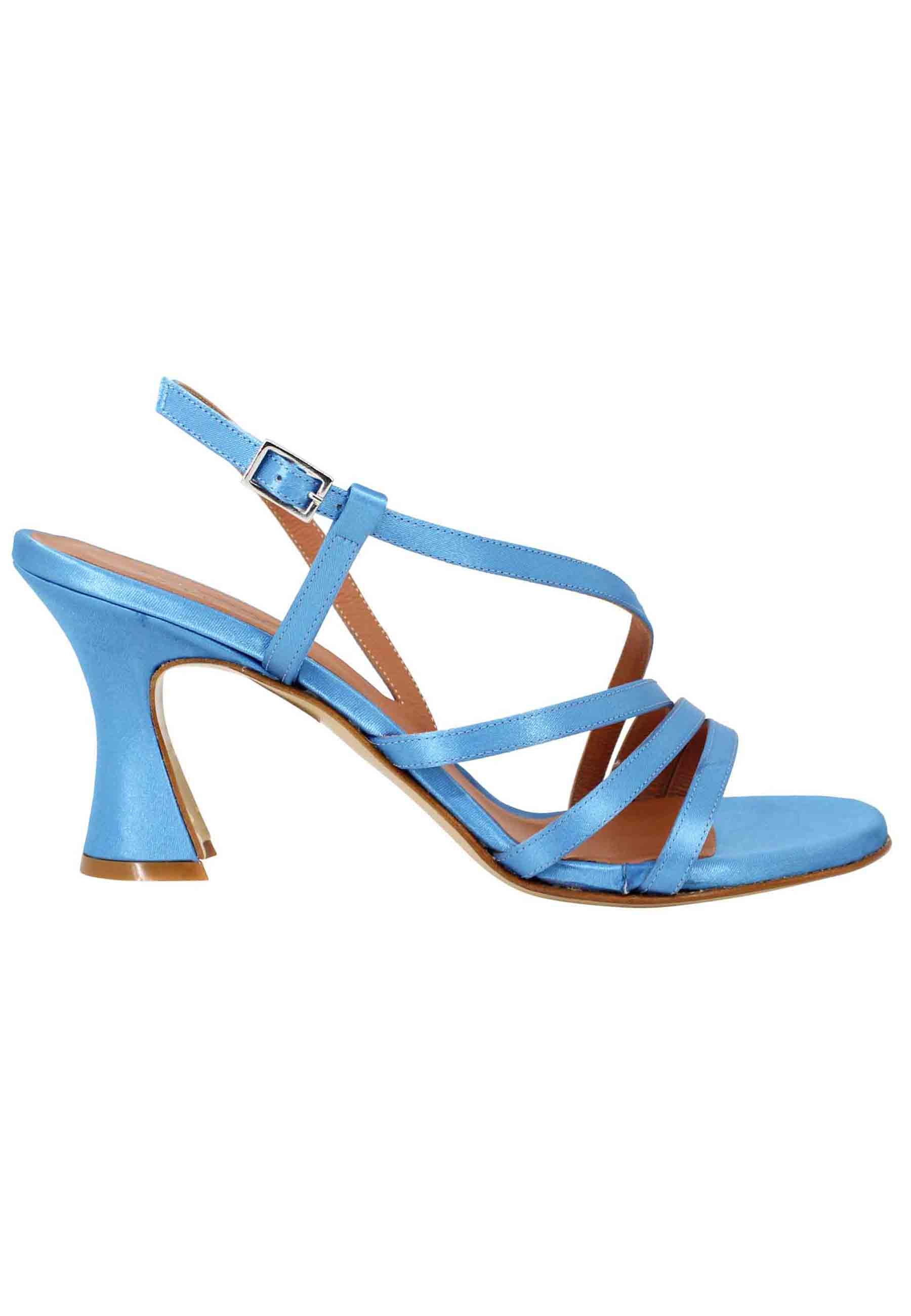 Women's slingback sandals in light blue satin and leather sole