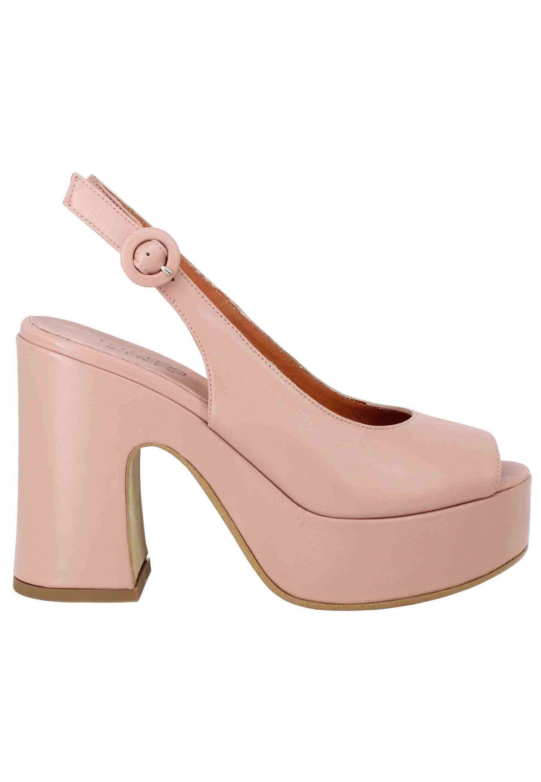 Women's nude leather slingback sandals with high wedge