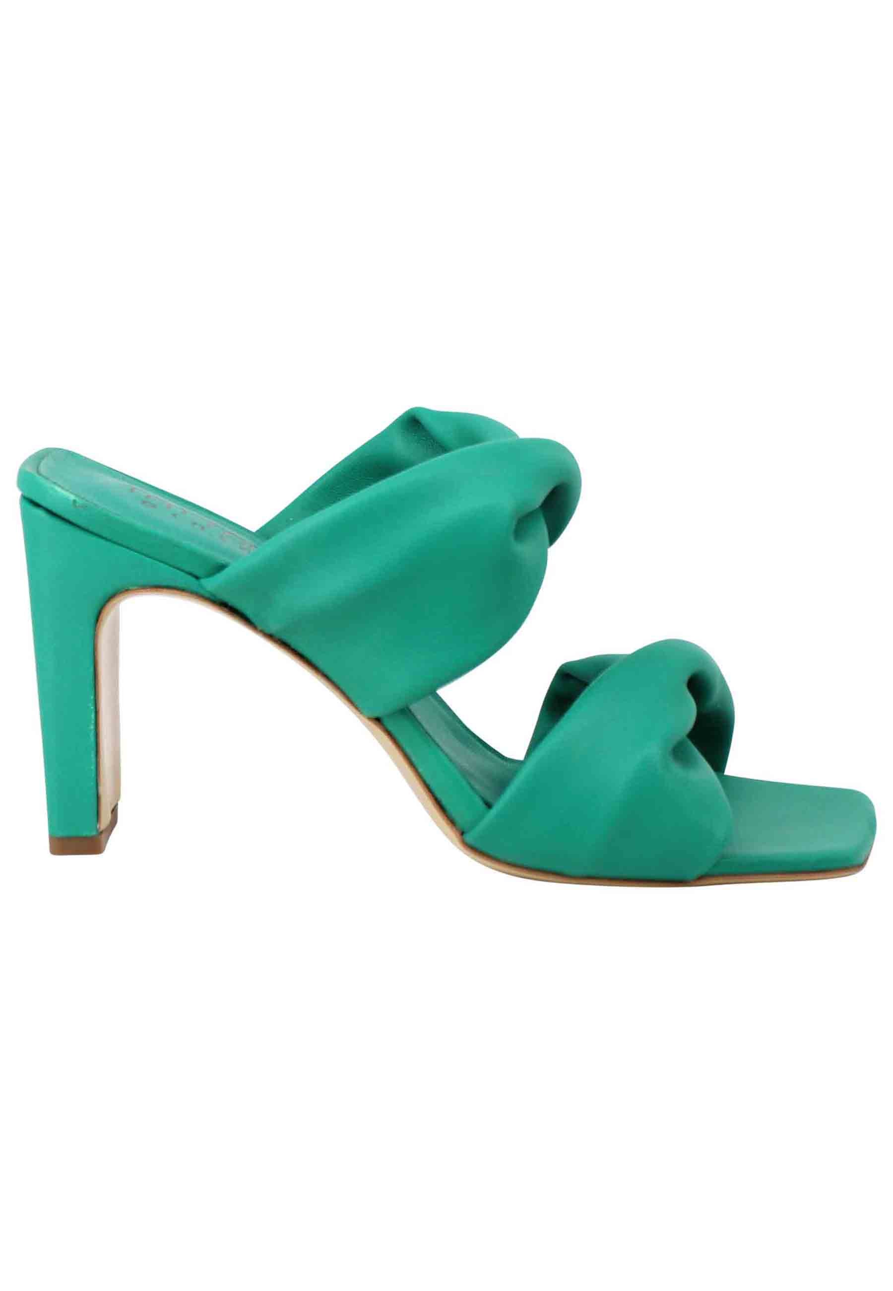 Women's double band green leather sandals with high heel and square toe