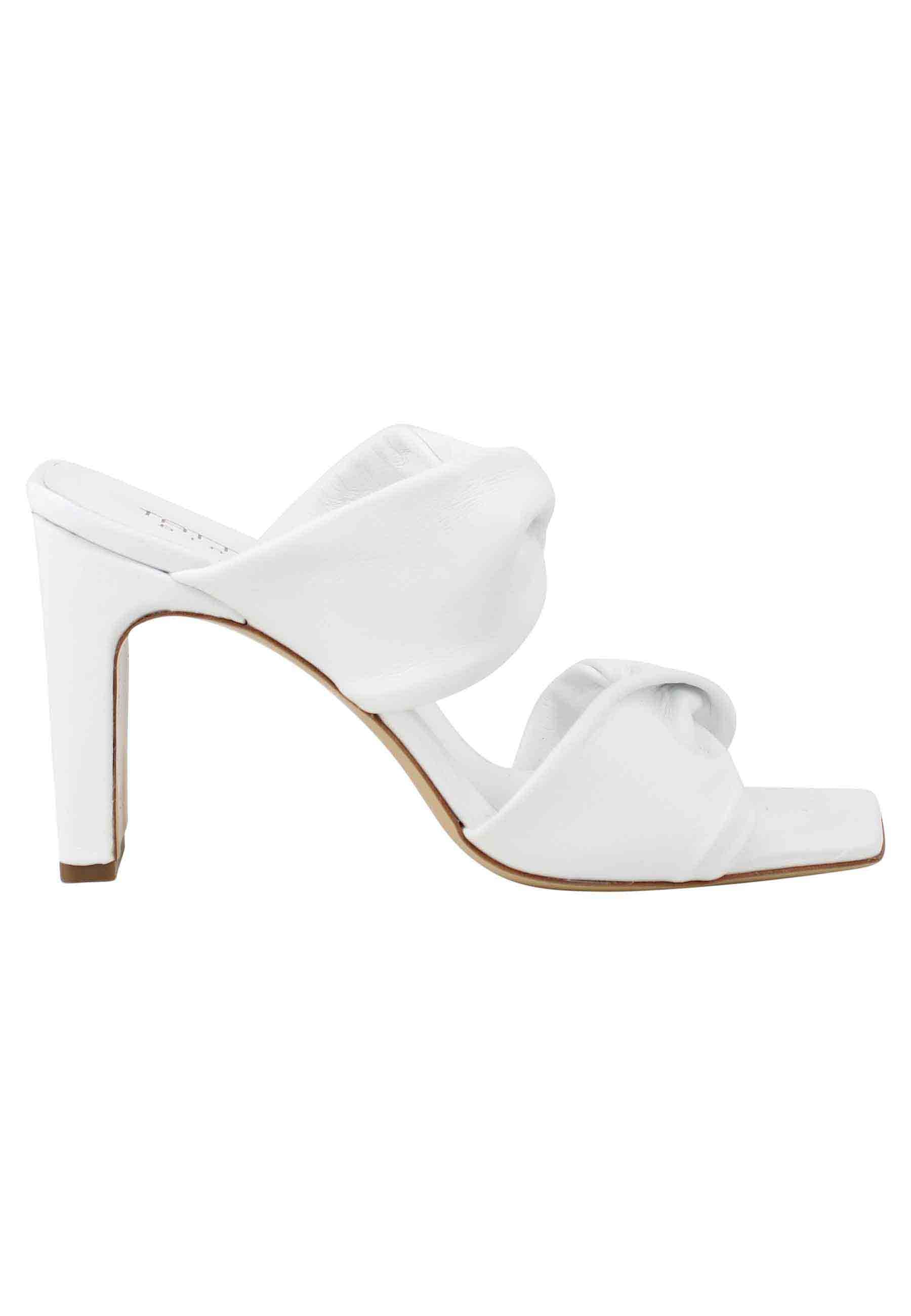 Women's white leather double band sandals with high heel and square toe