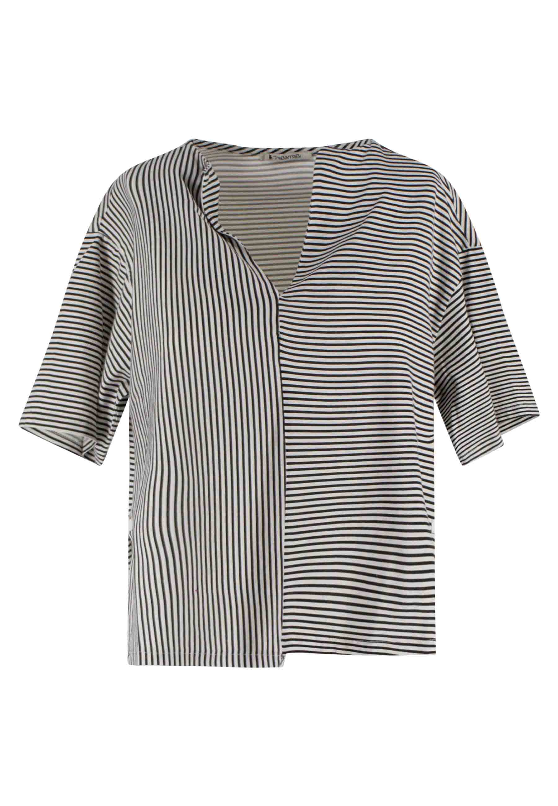 T-shirt donna Tita in cotone bianco e nero a righe e scollo a V