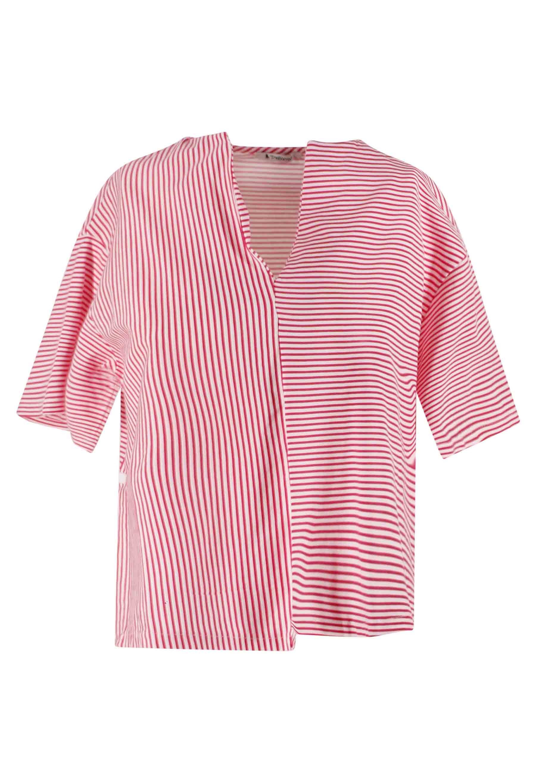 T-shirt donna Tita in cotone bianco e rosso a righe e scollo a V