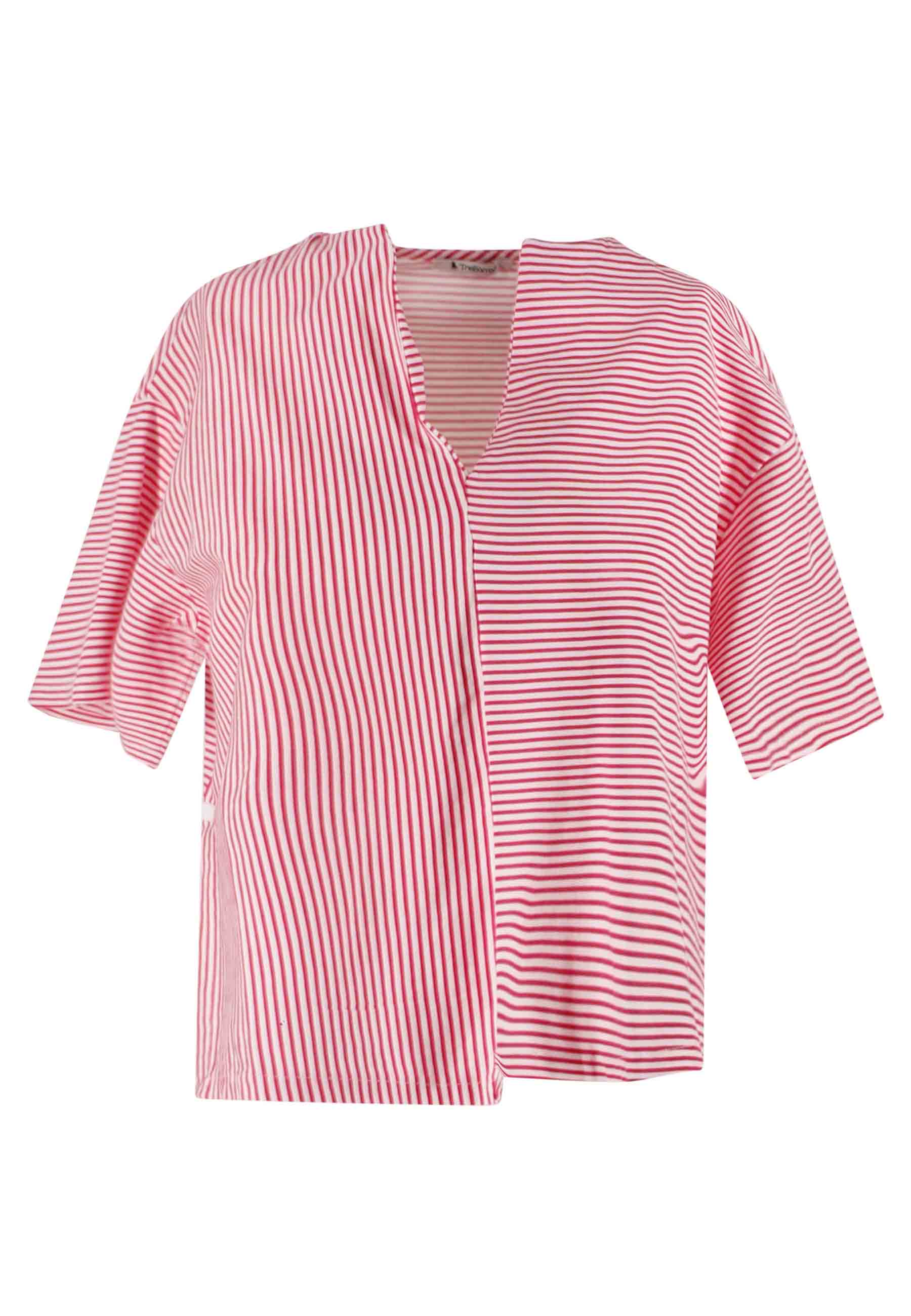 Spatarella T-shirt donna Tita in cotone bianco e rosso a righe e scollo a V