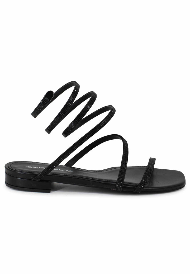 Sandali bassi donna in tessuto nero con strass e cavigliera a serpente 658 001 Tsakiris Mallas 