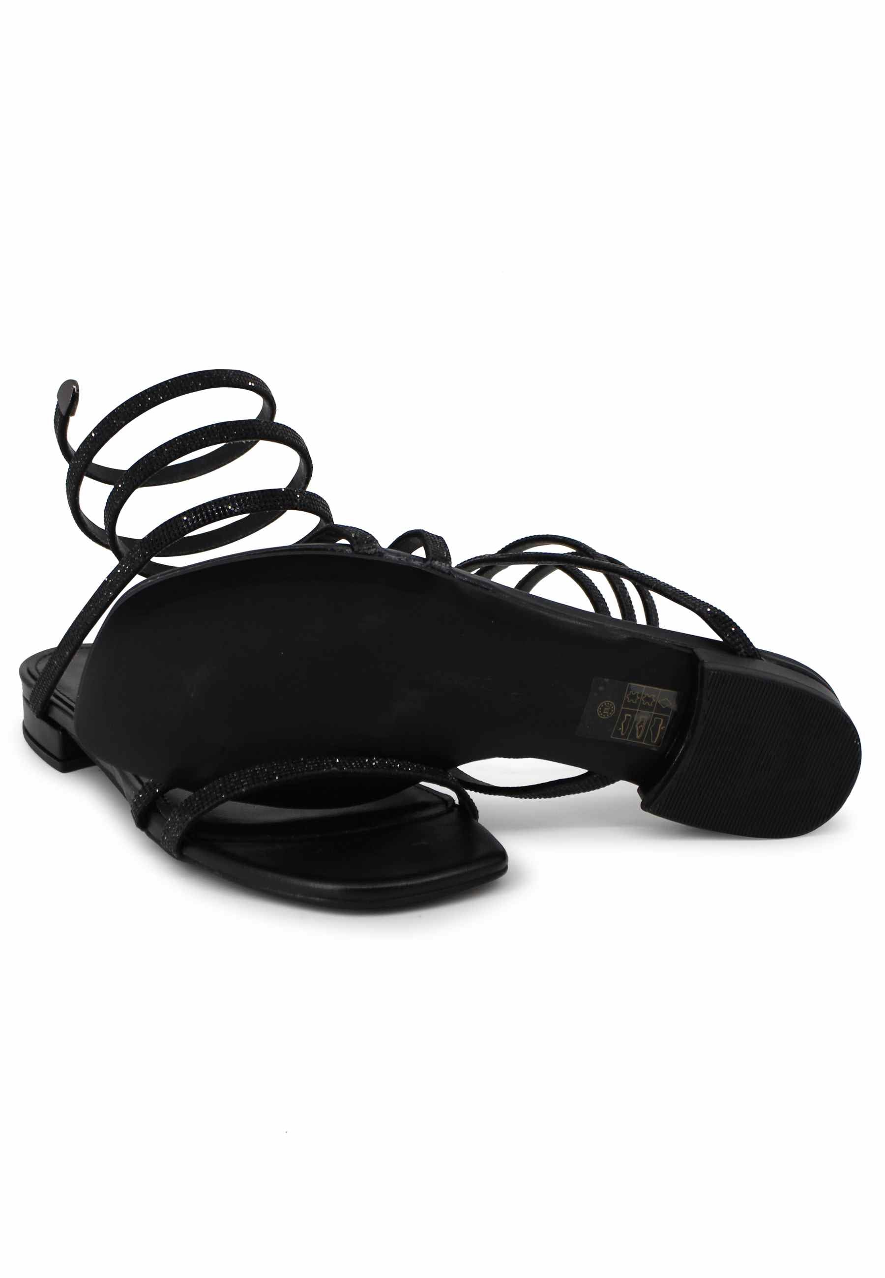 Sandali bassi donna in tessuto nero con strass e cavigliera a serpente 658 001 Tsakiris Mallas 