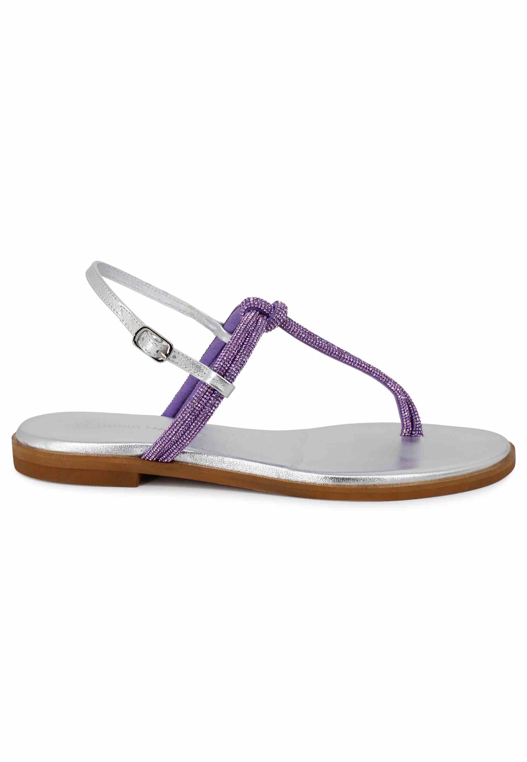 Flat slingback sandals in lilac rhinestones and silver leather