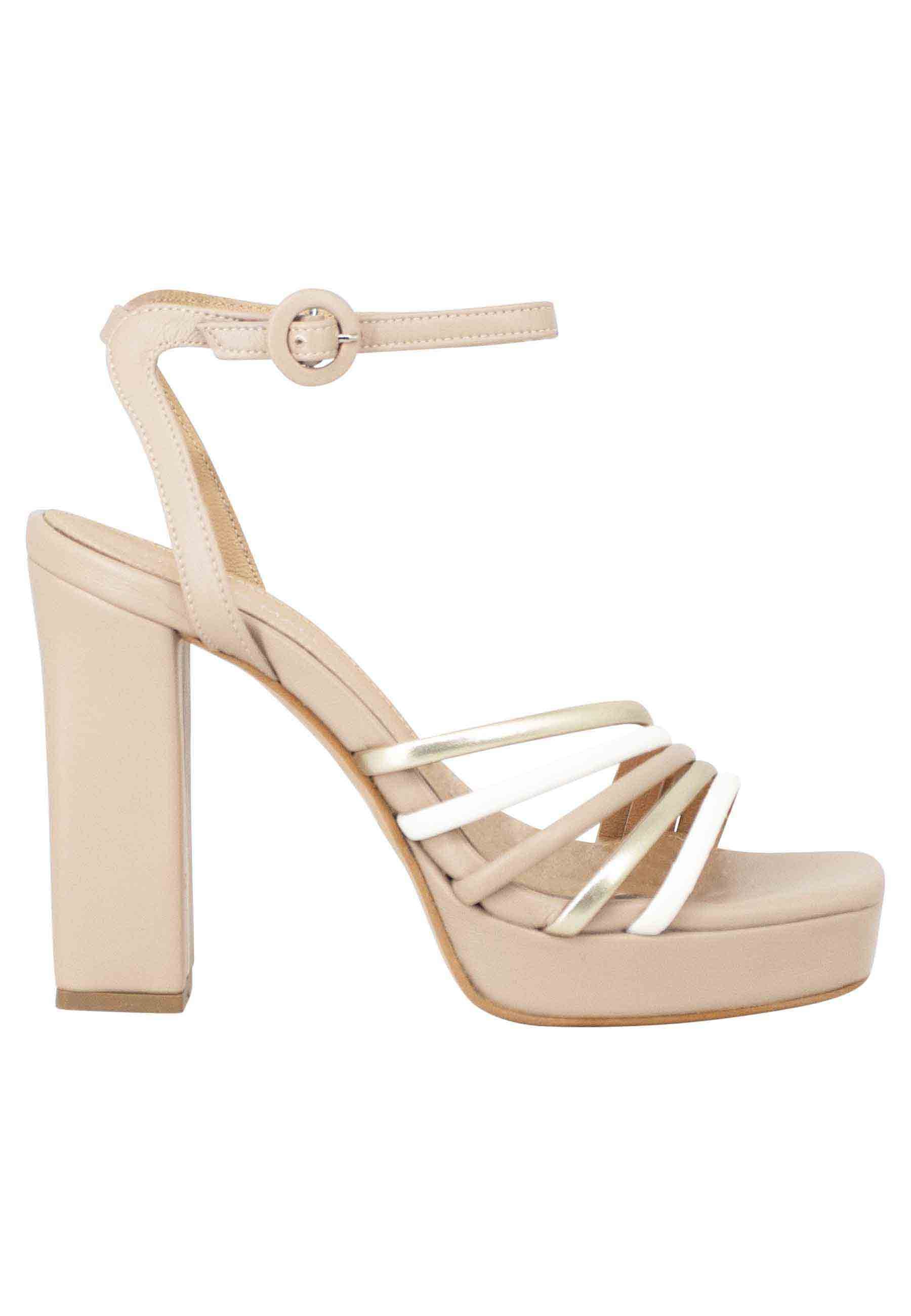 Women's sandals in beige eco leather with ankle strap, high heel and plateau