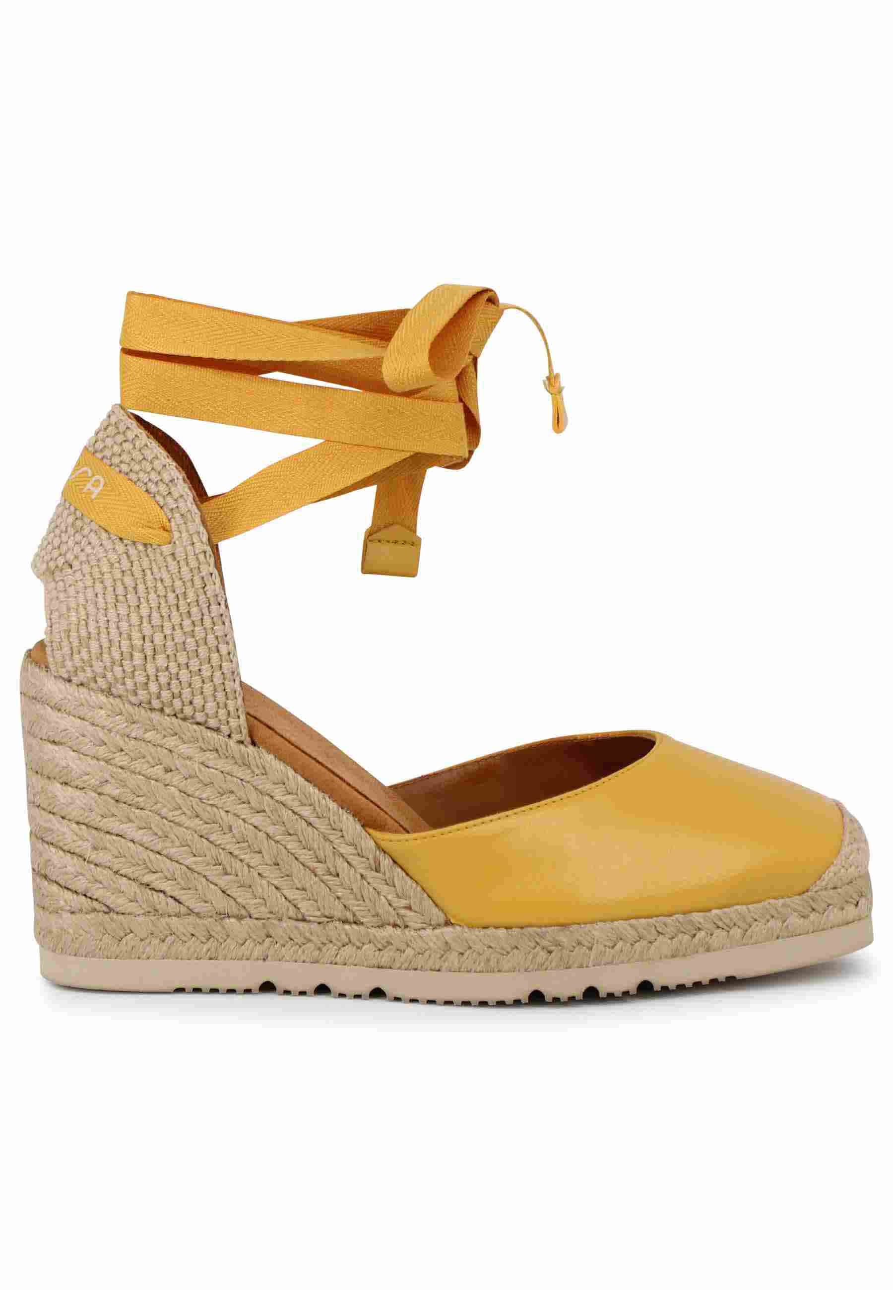 Women's yellow leather espadrilles sandals with ankle laces and high wedge