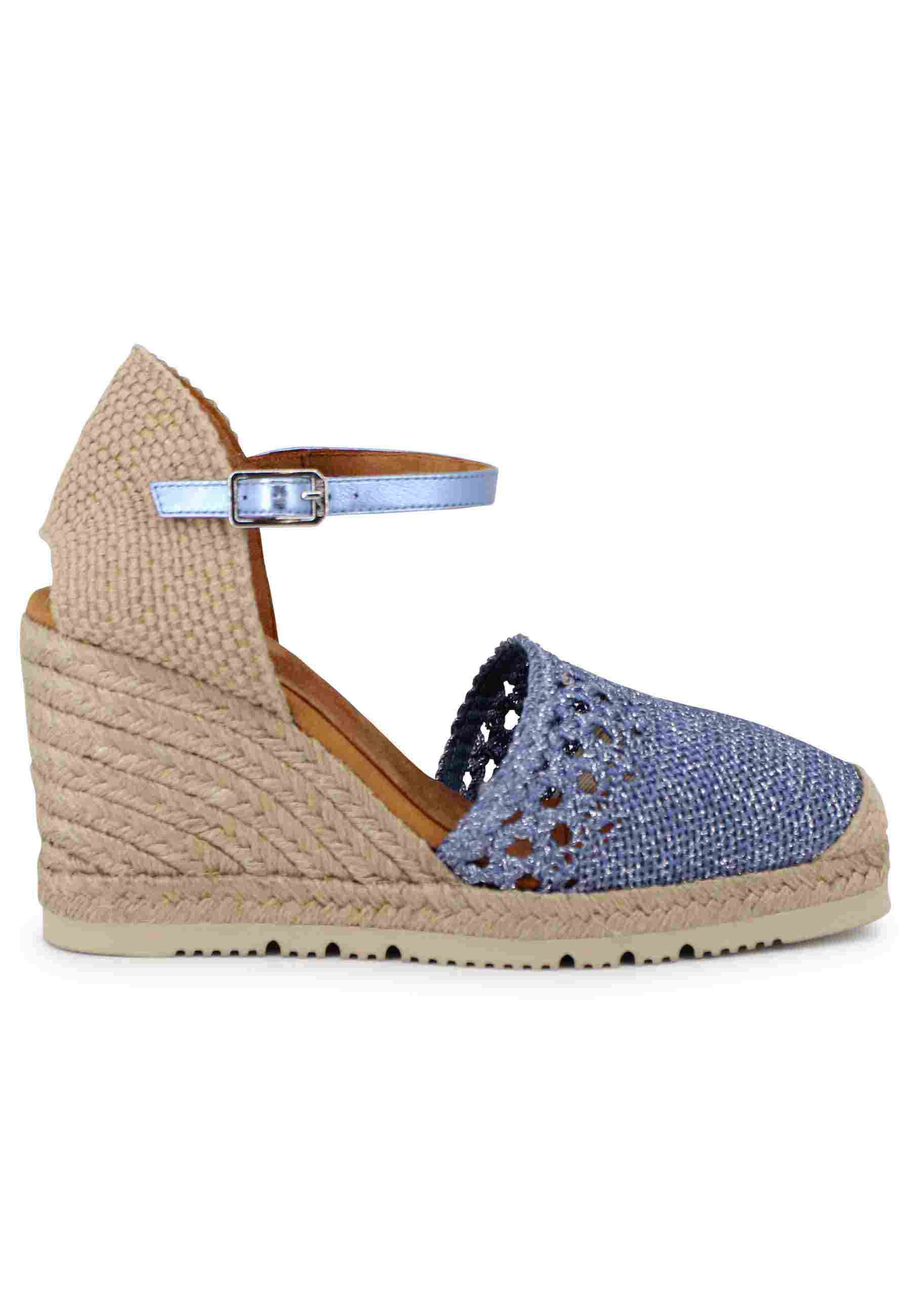 Women's espadrilles sandals in blue laminated fabric with ankle strap and high wedge