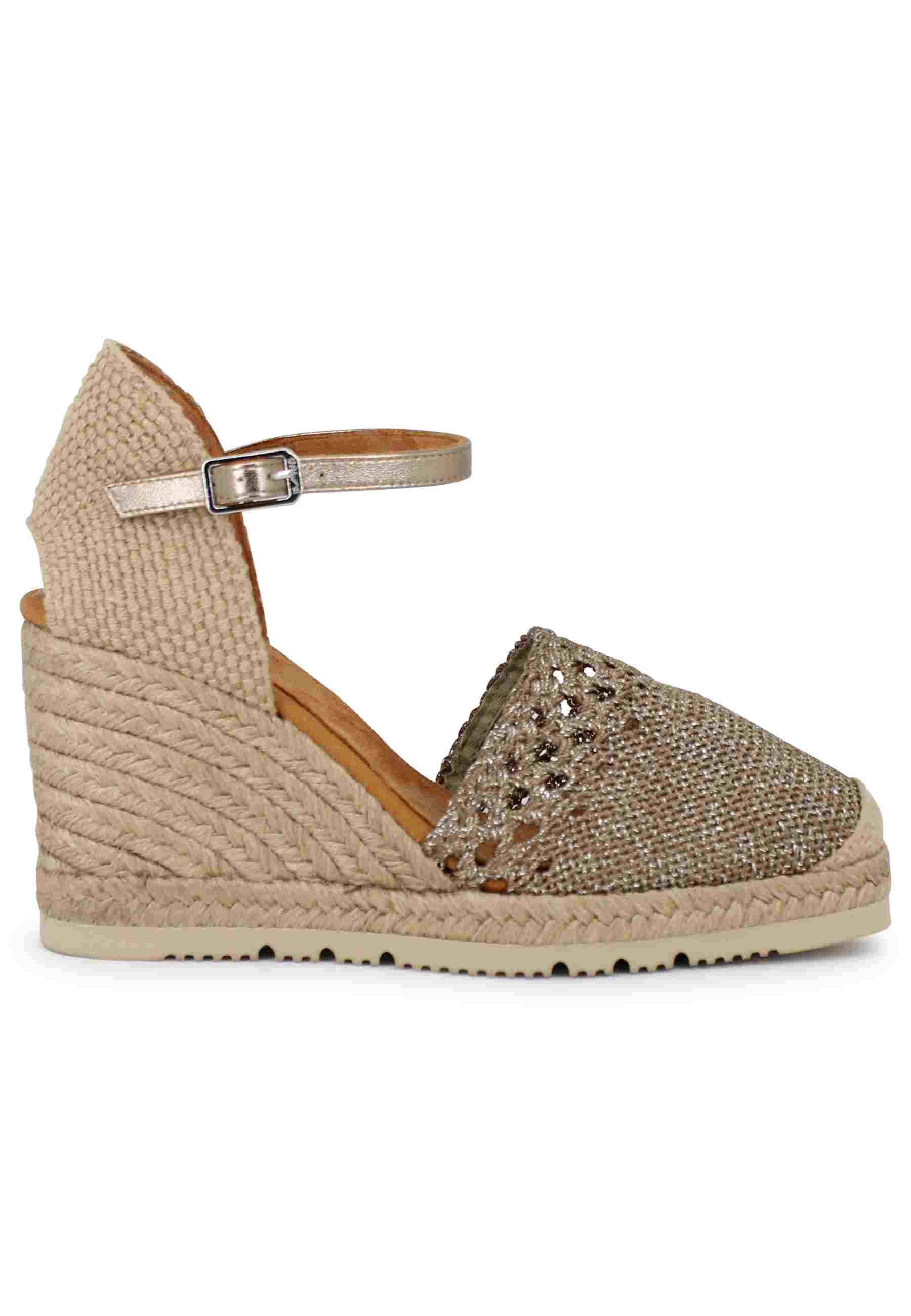 Women's espadrille sandals in bronze laminated fabric with ankle strap and high wedge