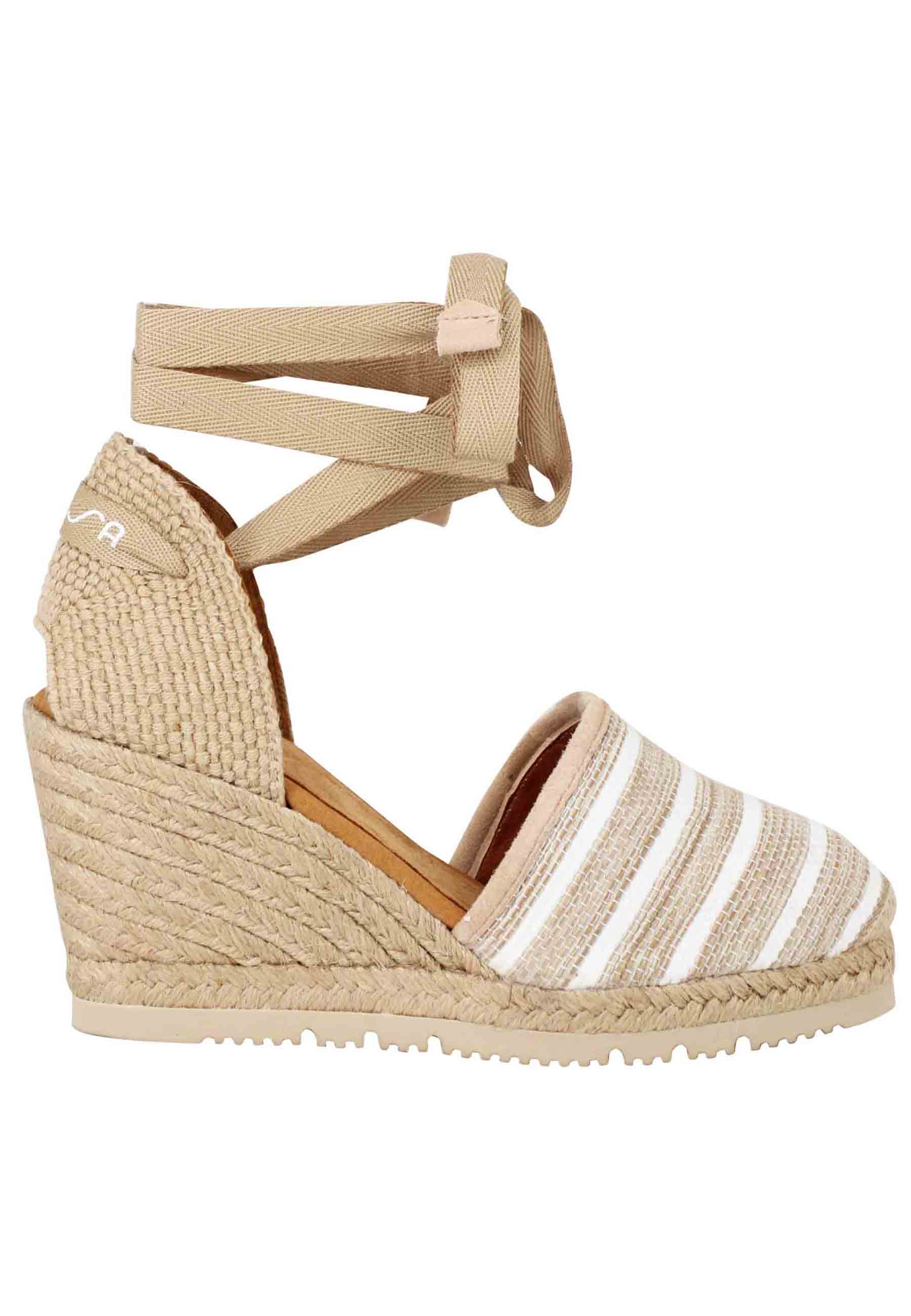 Women's espadrilles sandals in natural fabric with high rope wedge