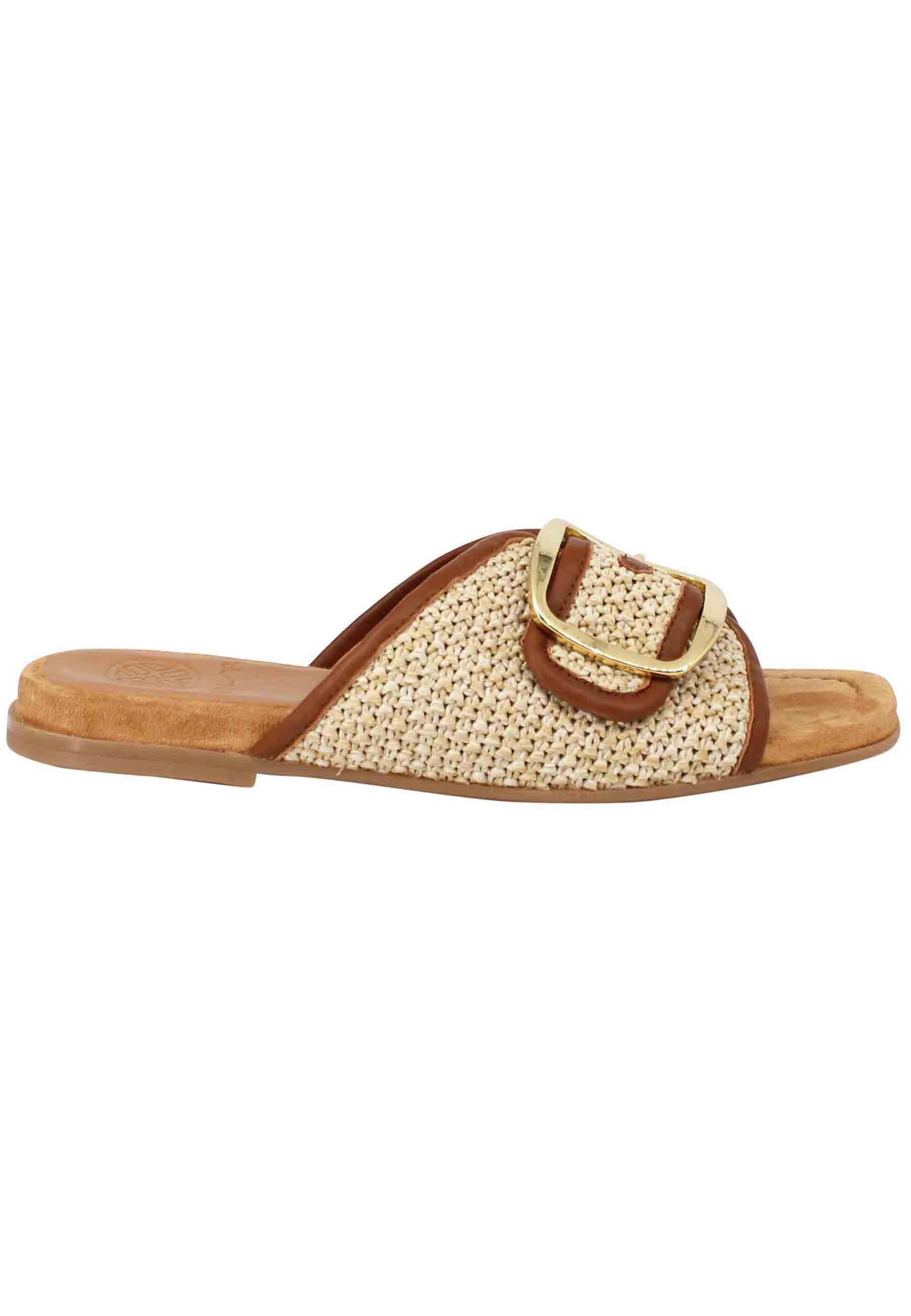 Women's flat sandals in natural fabric with gold buckle