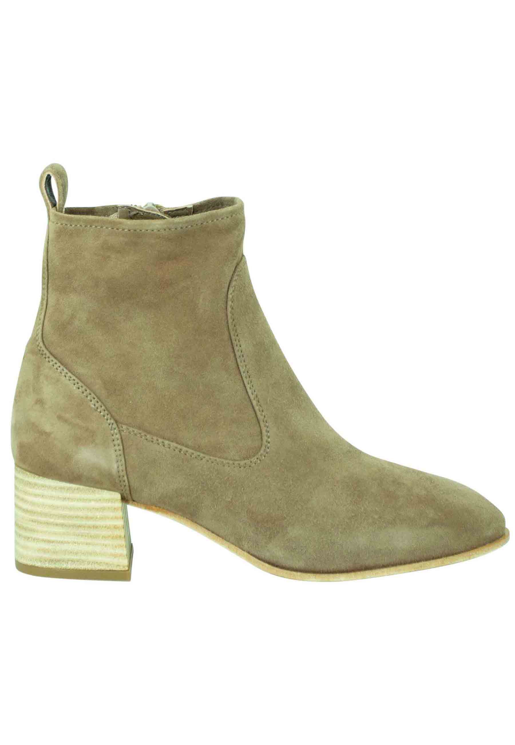 Women's unlined taupe suede ankle boots with natural leather heel