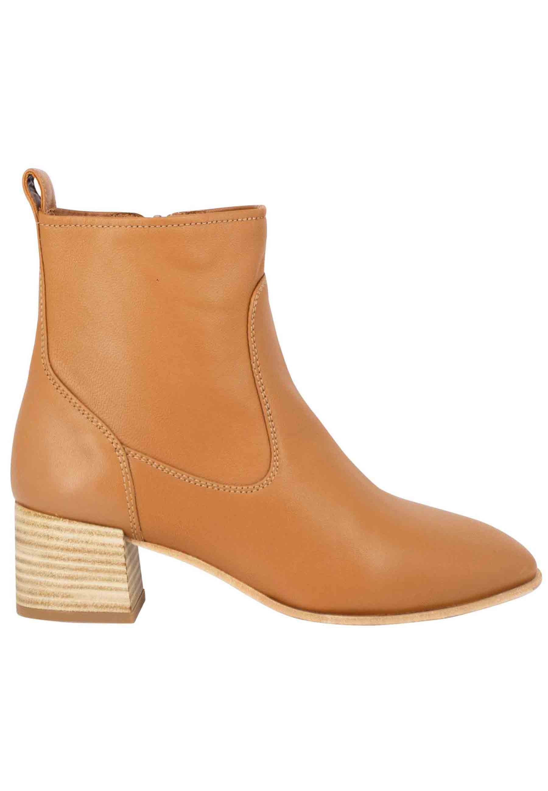 Women's unlined tan leather ankle boots with natural leather heel