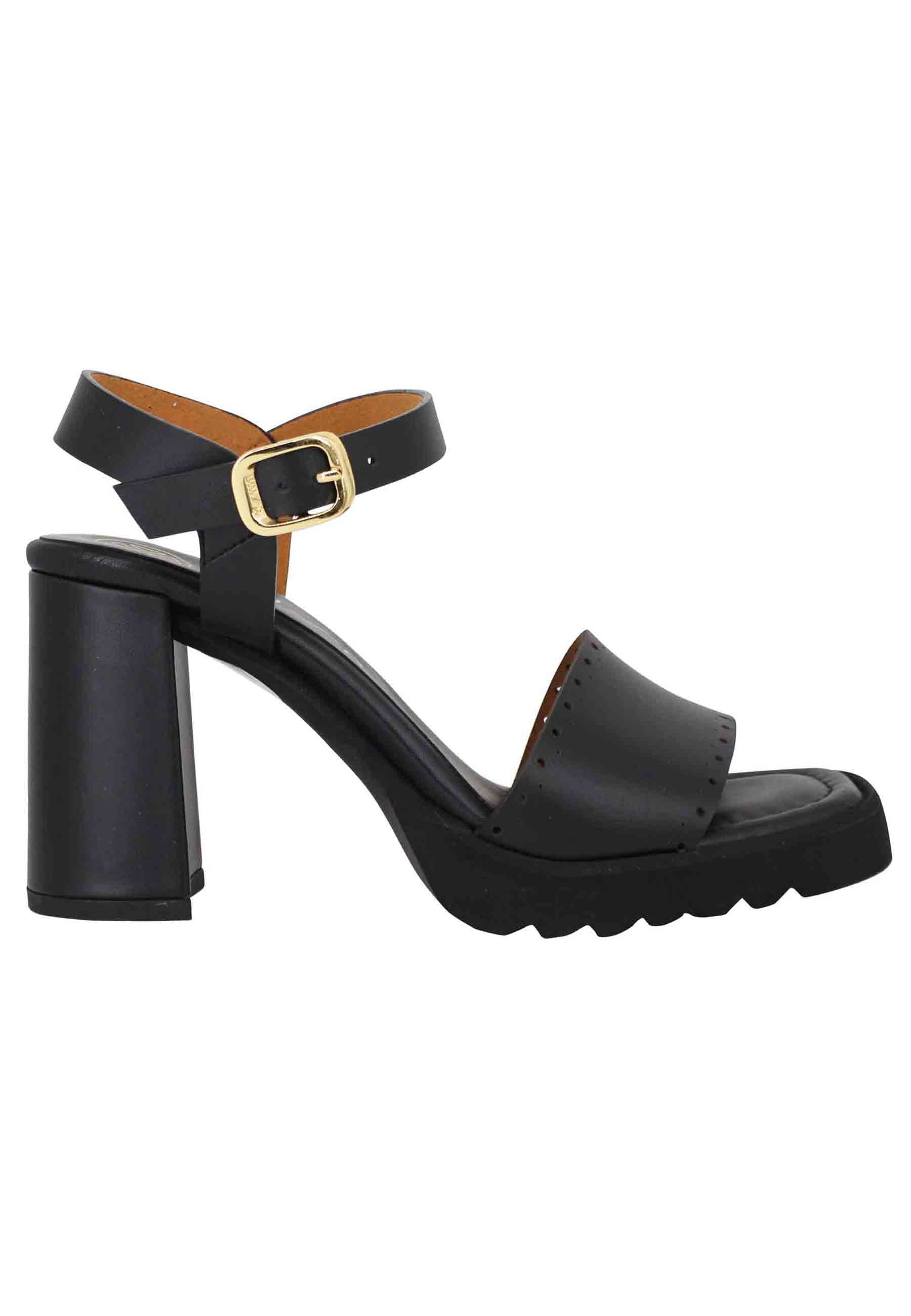 Women's black leather sandals with high heel and rubber platform
