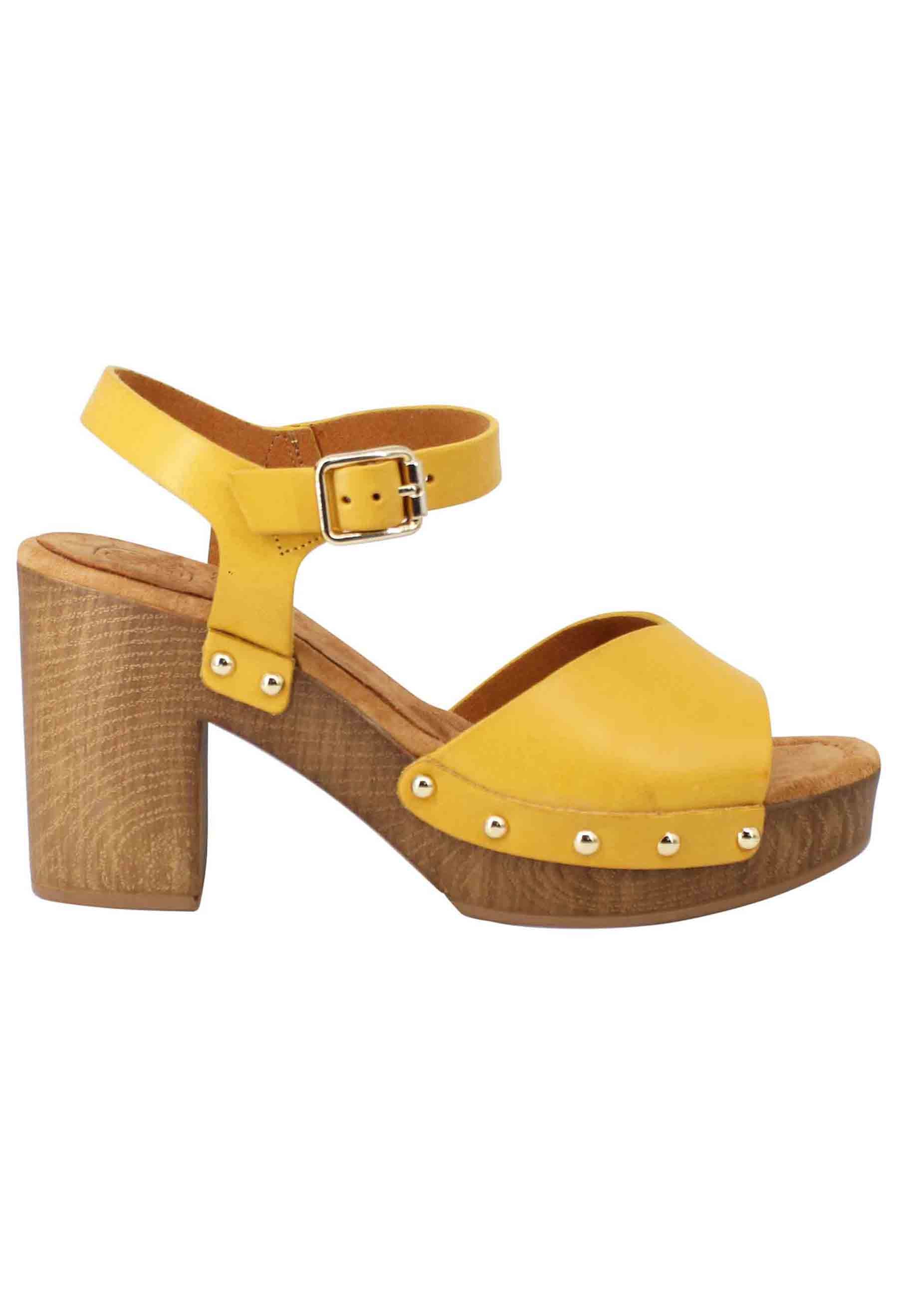 Women's high heel yellow leather clog sandals