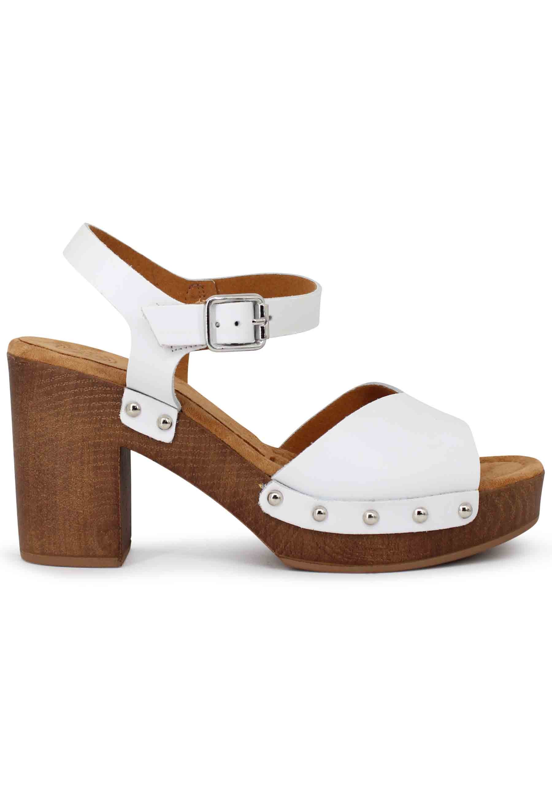 Women's high heel white leather clog sandals