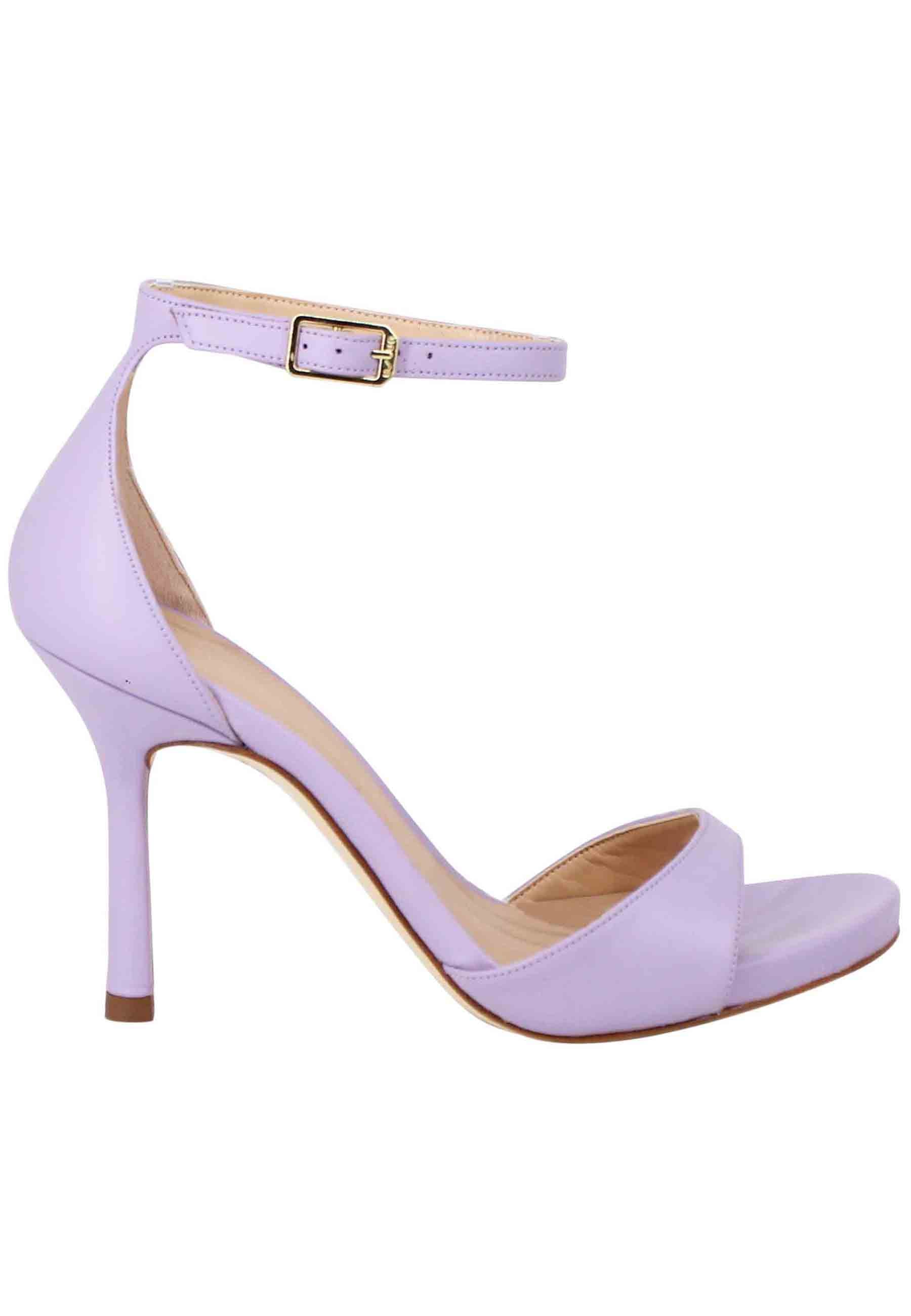 Women's lilac leather sandals with high heel and ankle strap