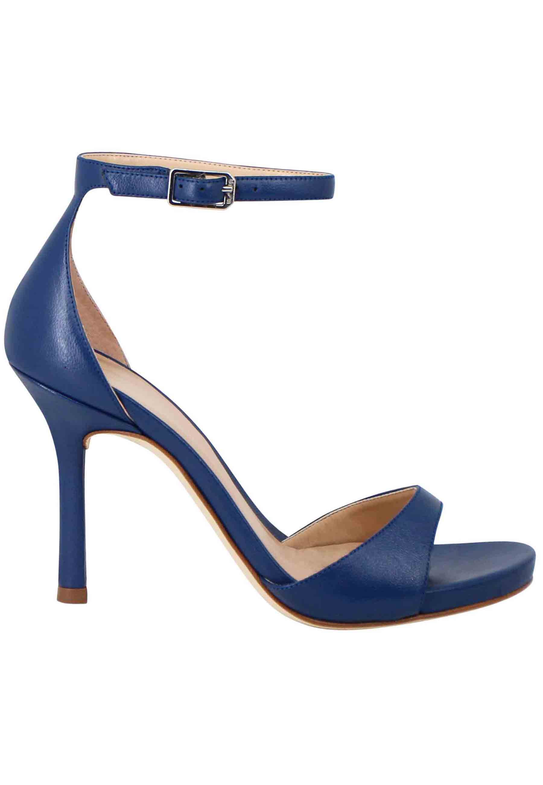 Women's blue leather sandals with high heel and ankle strap