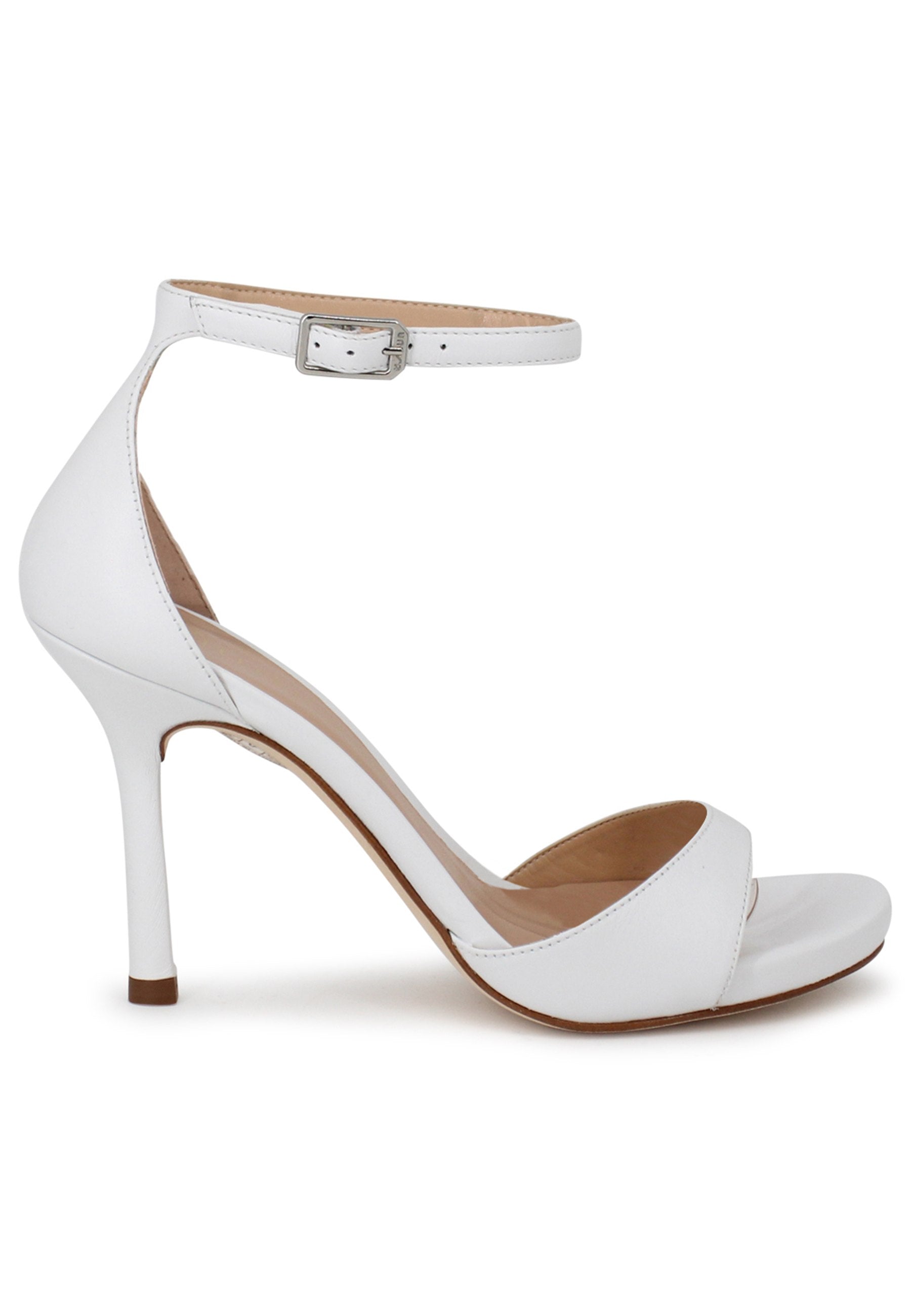 Women's white leather sandals with high heel and ankle strap