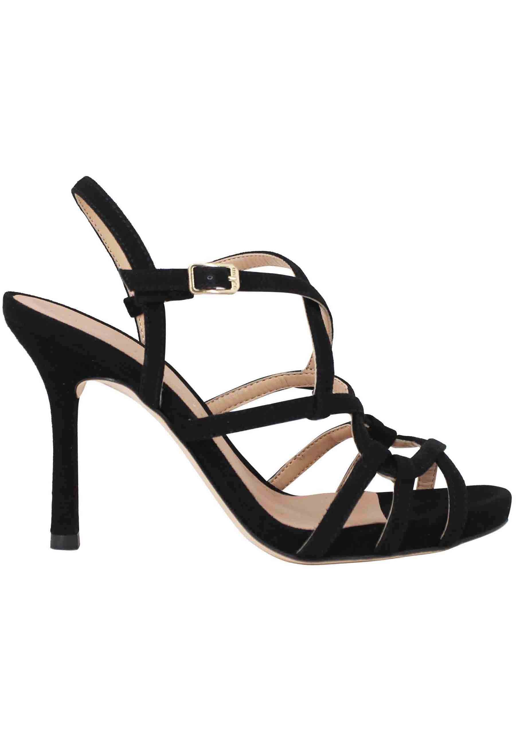 Women's sandals in black suede with high heel and ankle strap