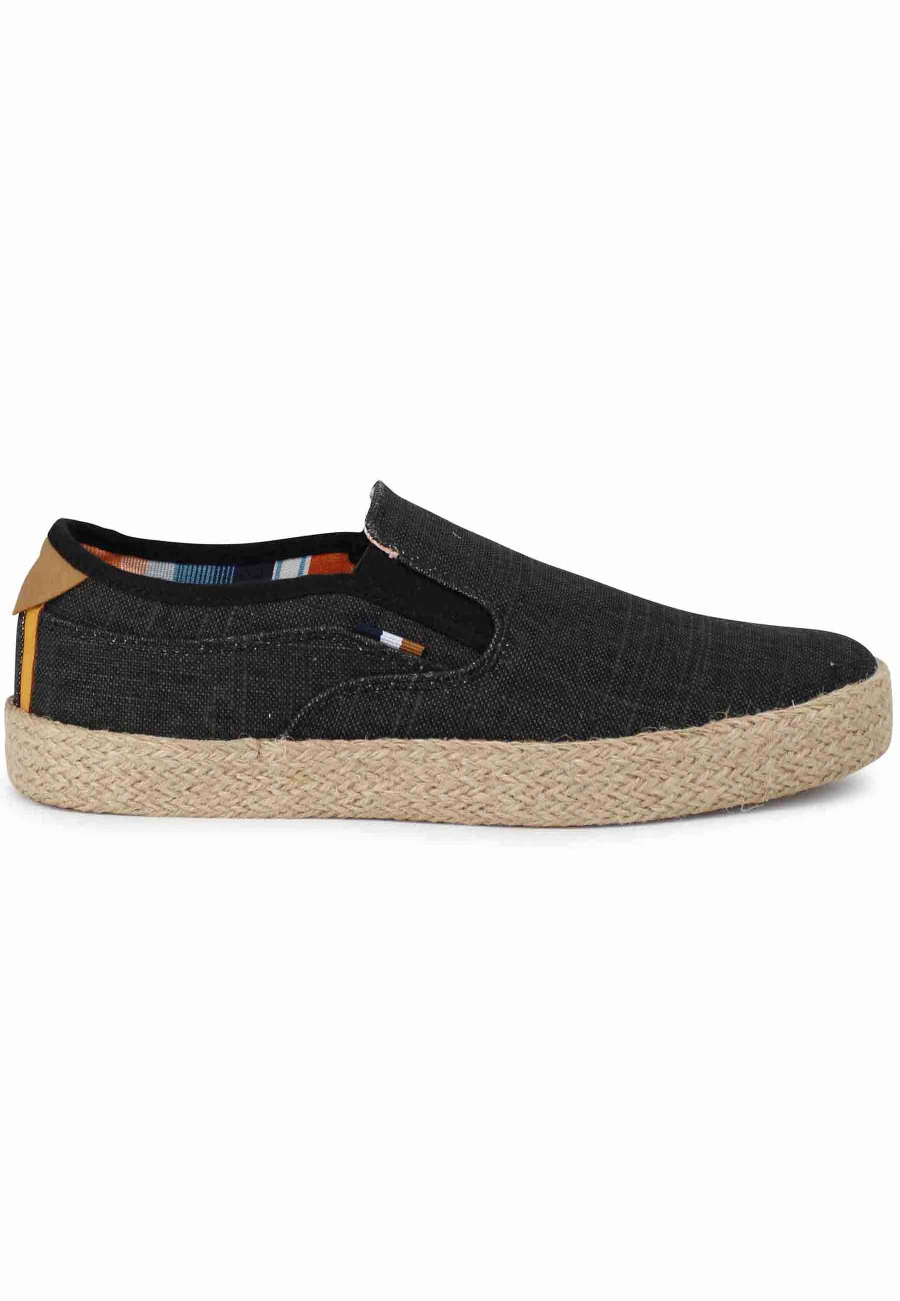 Calypso Slip On Rope men's moccasins in black fabric with rope sole