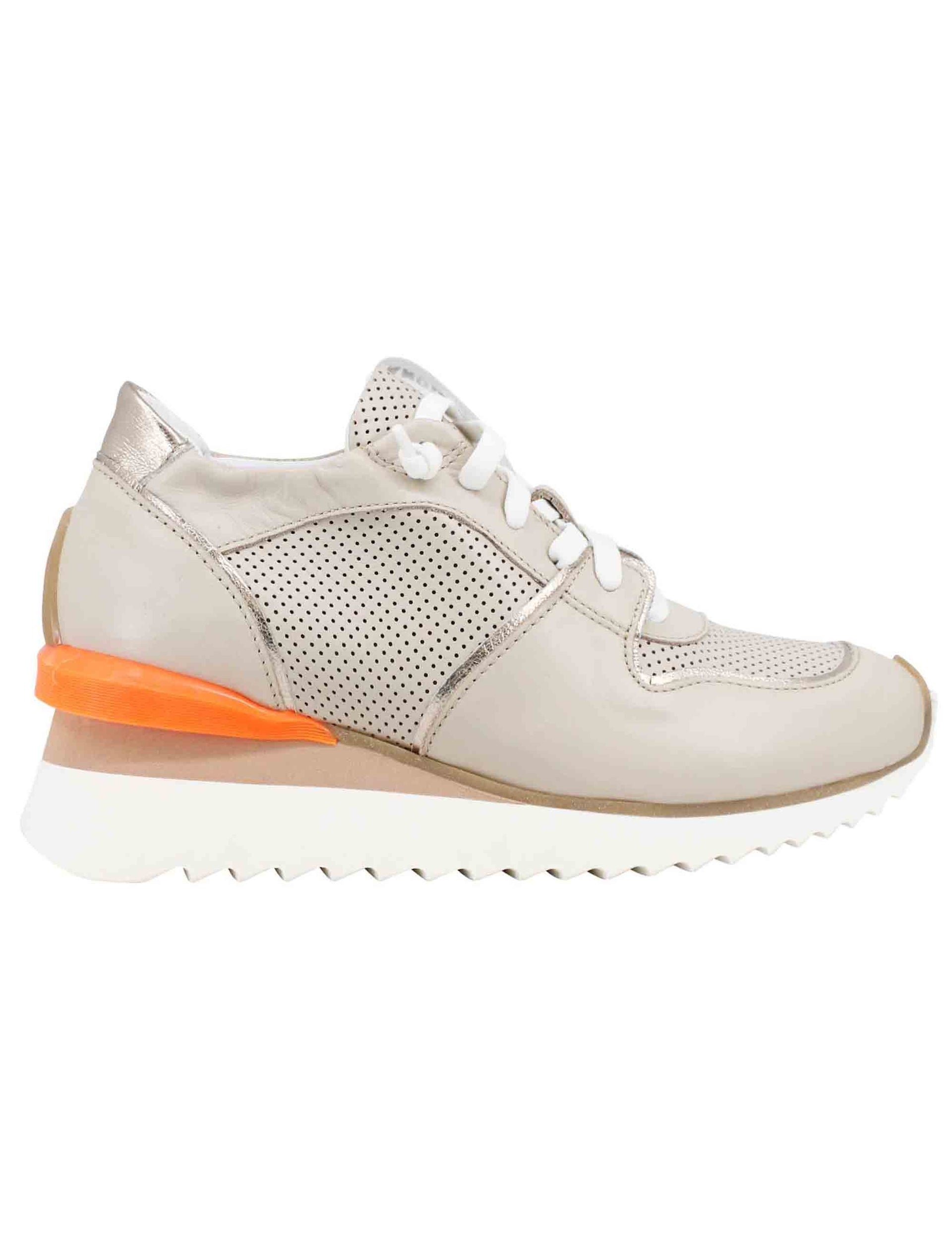 Women's beige leather sneakers with internal wedge