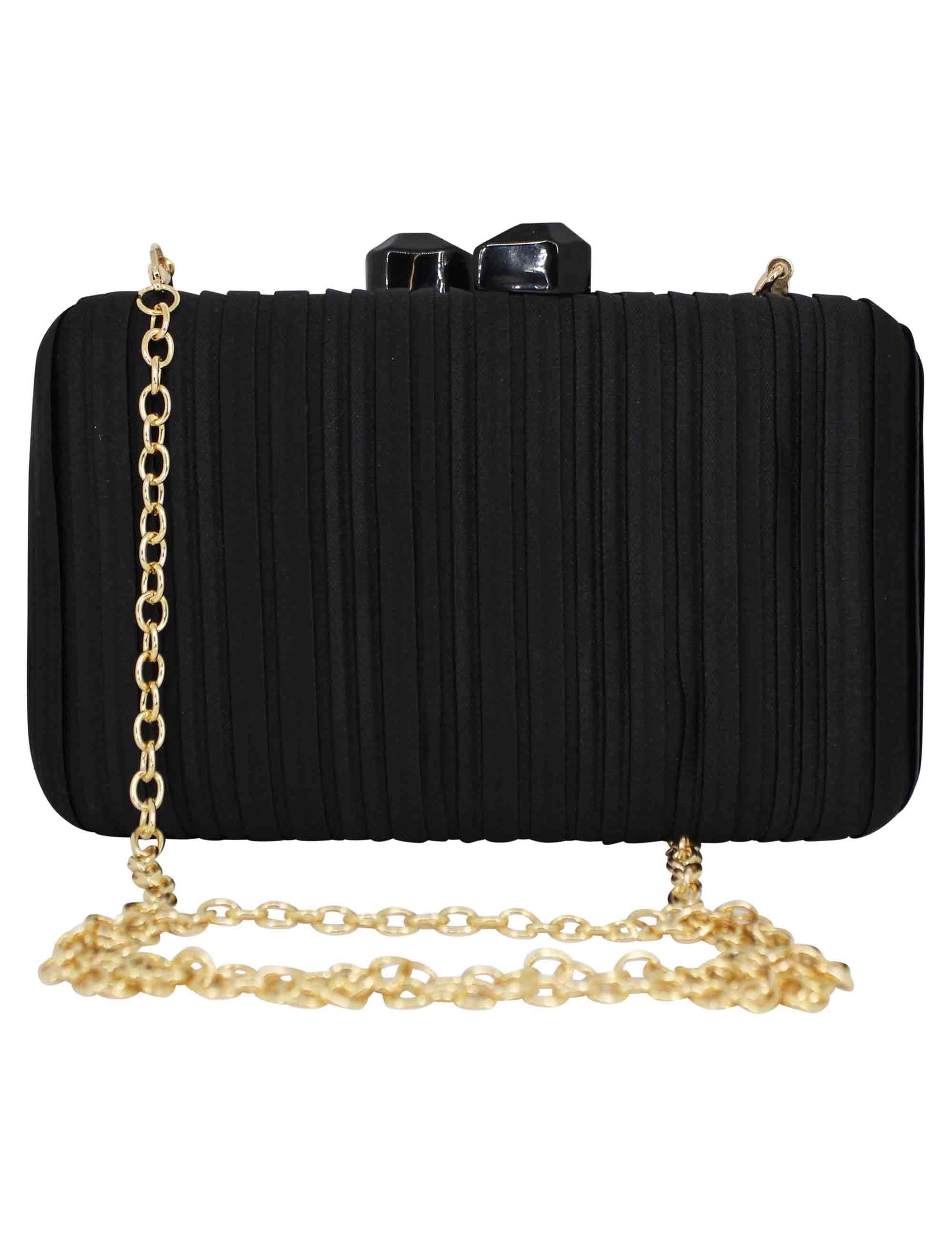 Women's clutch bags in black fabric with gold shoulder strap