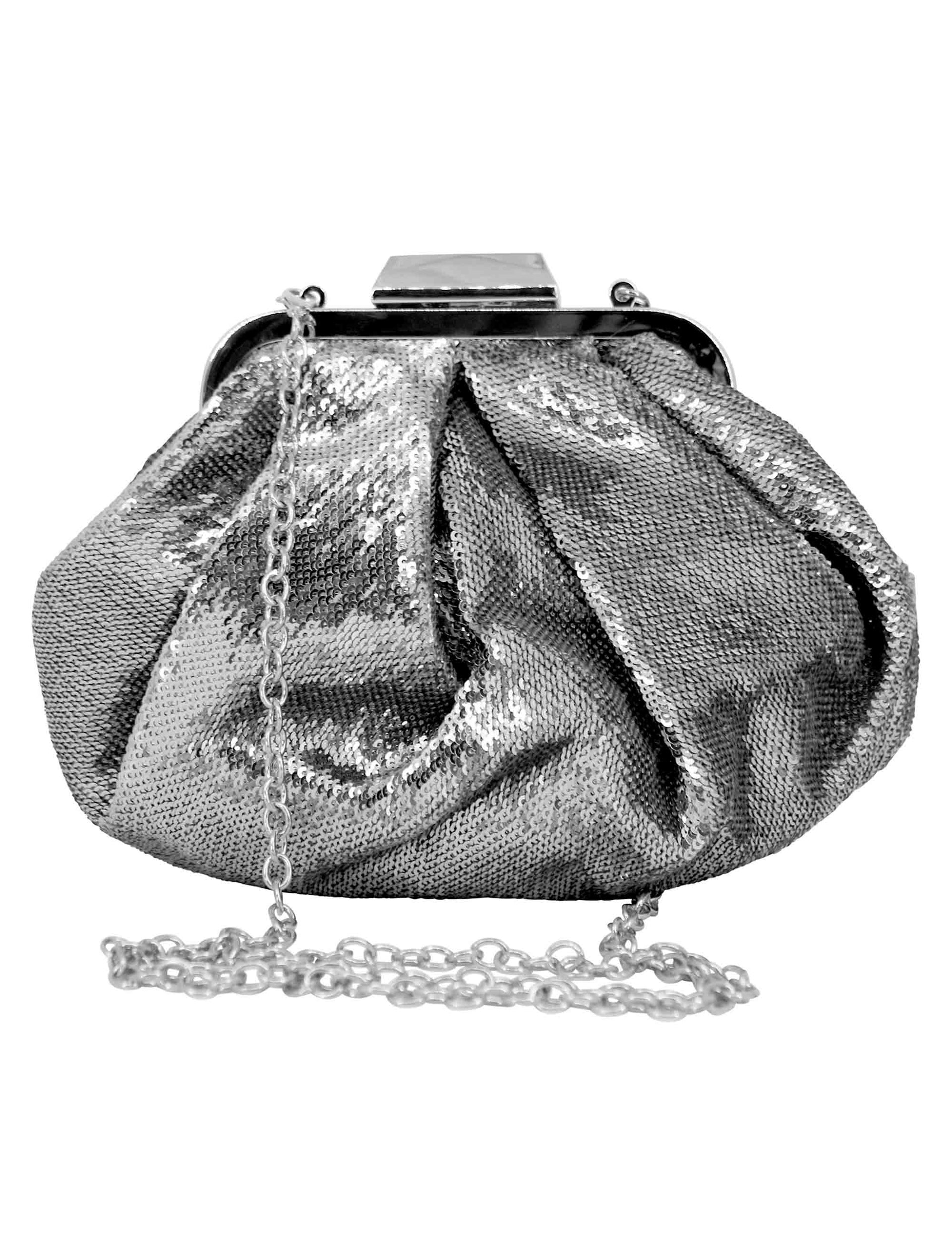Borse pochette donna in tessuto laminto argento con tracolla in catena