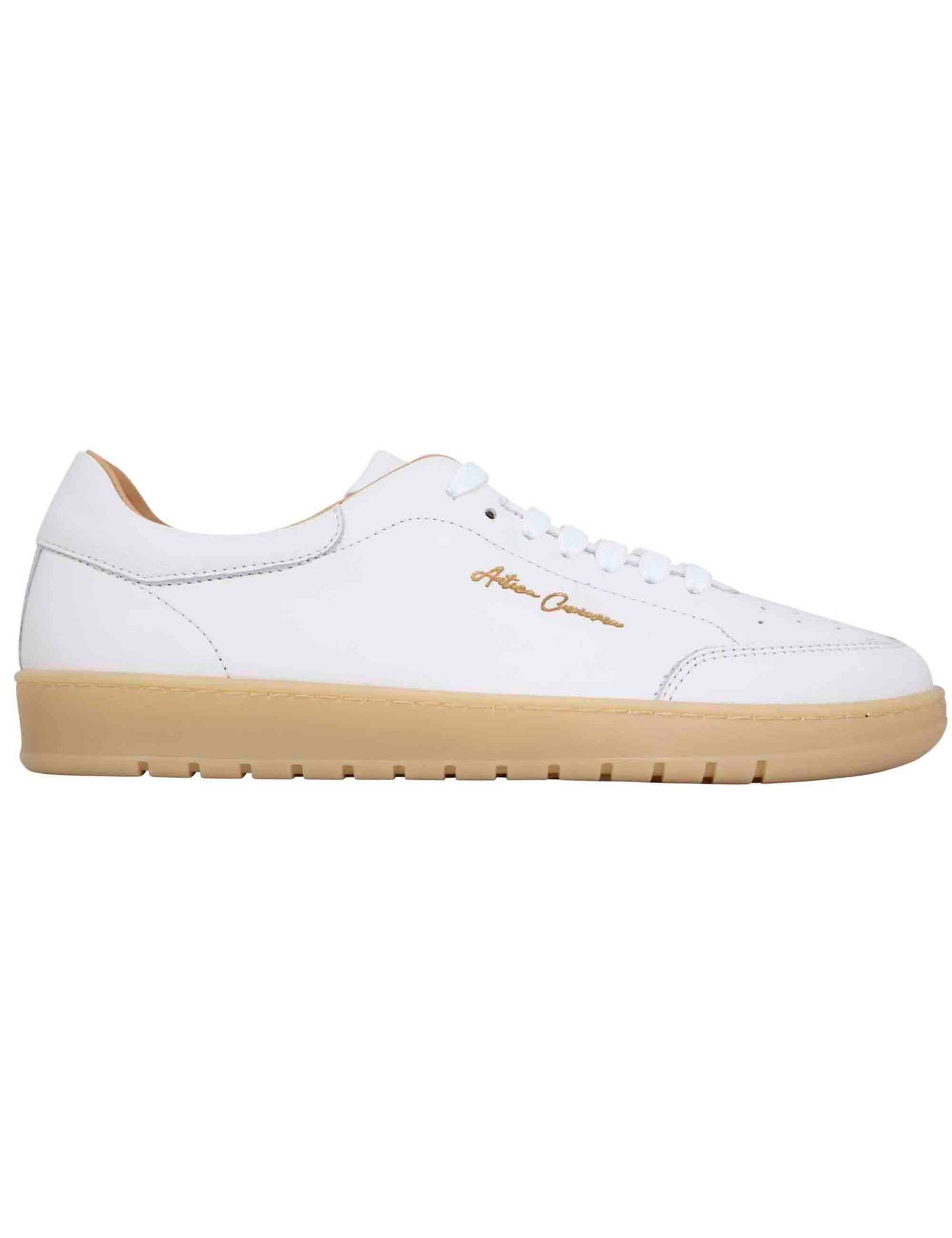 Men's white leather sneakers with amber rubber sole