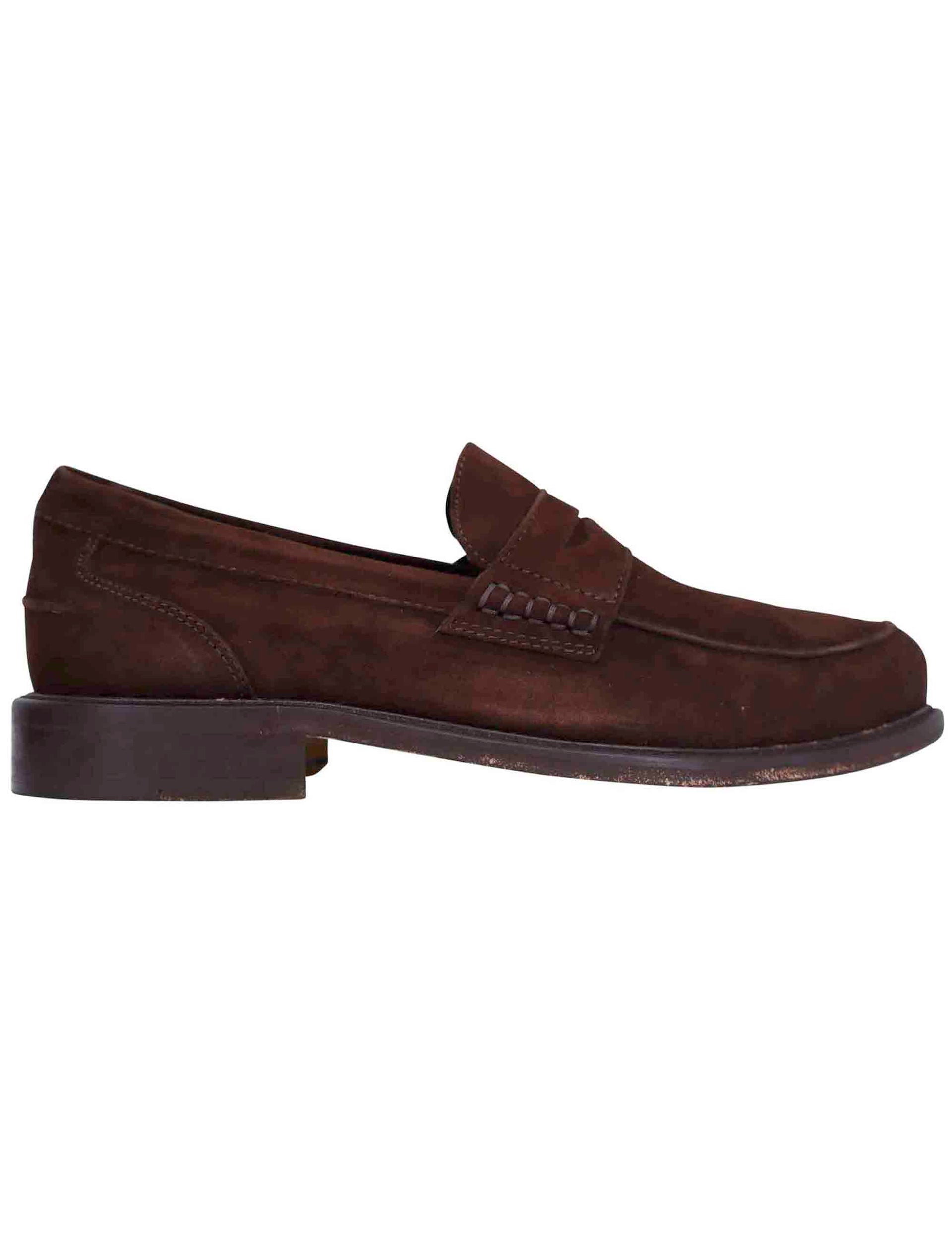 Men's moccasins in dark brown suede with stitched leather sole