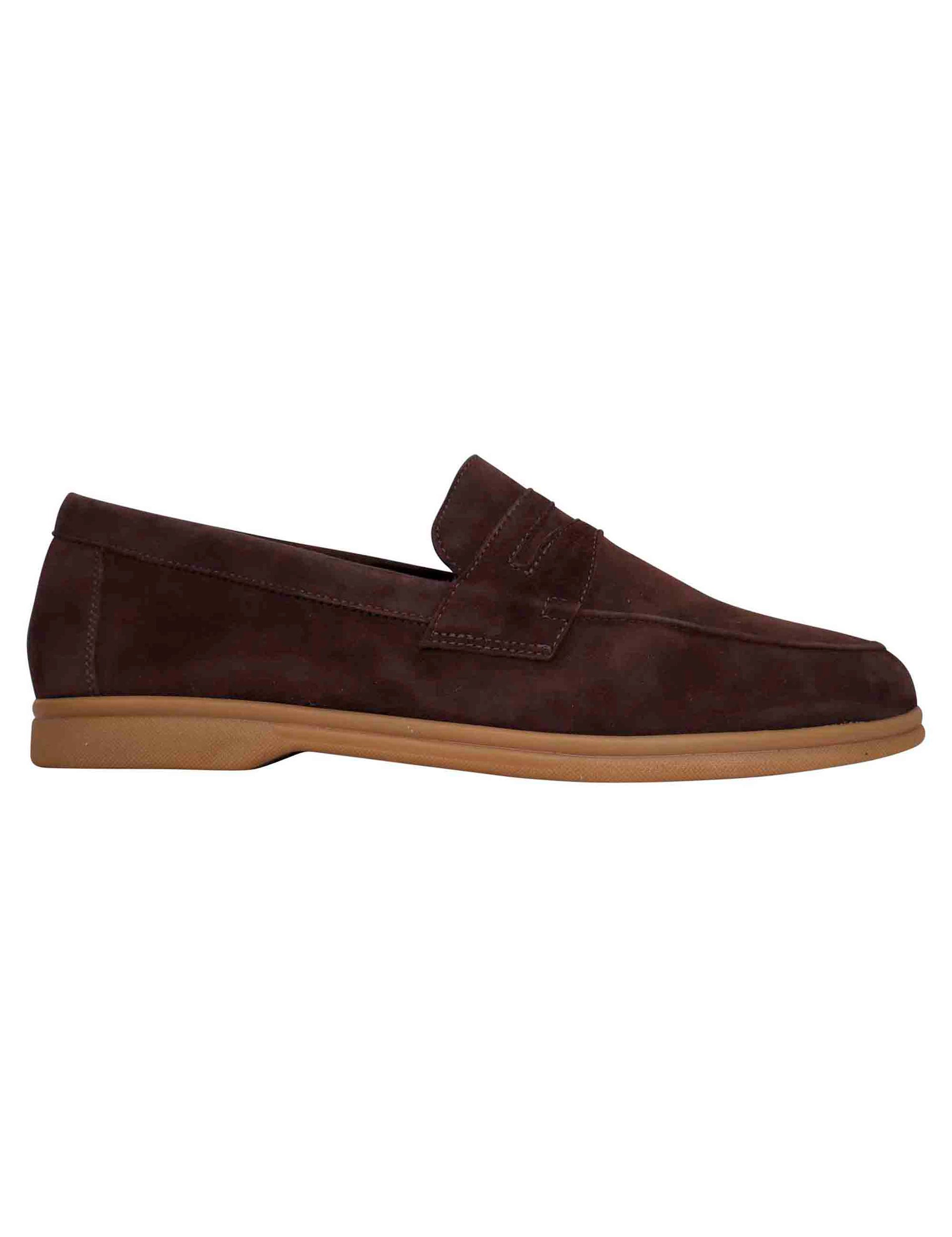 Men's moccasins in dark brown suede with light rubber sole
