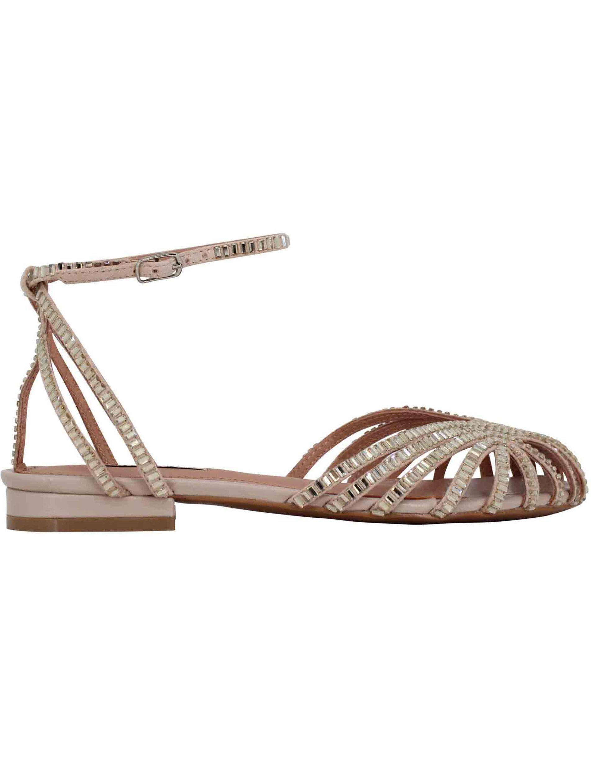 Serabi women's flat sandals in nude suede with rhinestones and ankle strap