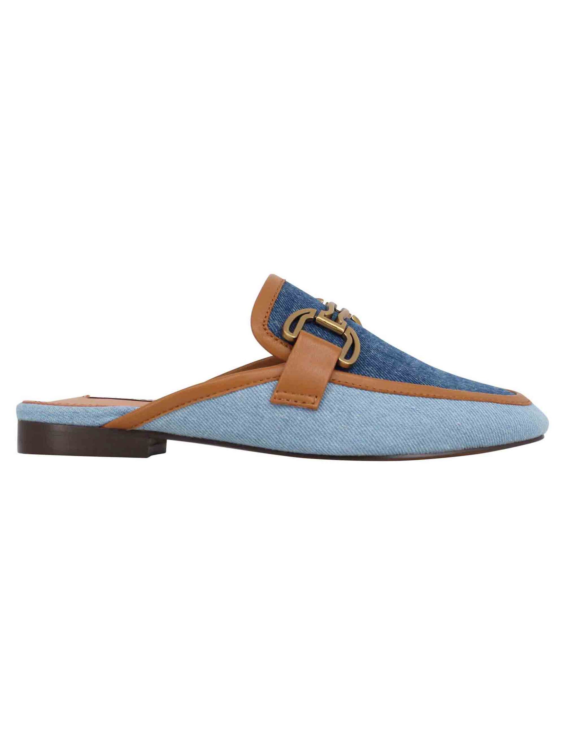Women's sabot in blue canvas with burnished clamp and low Vela heel