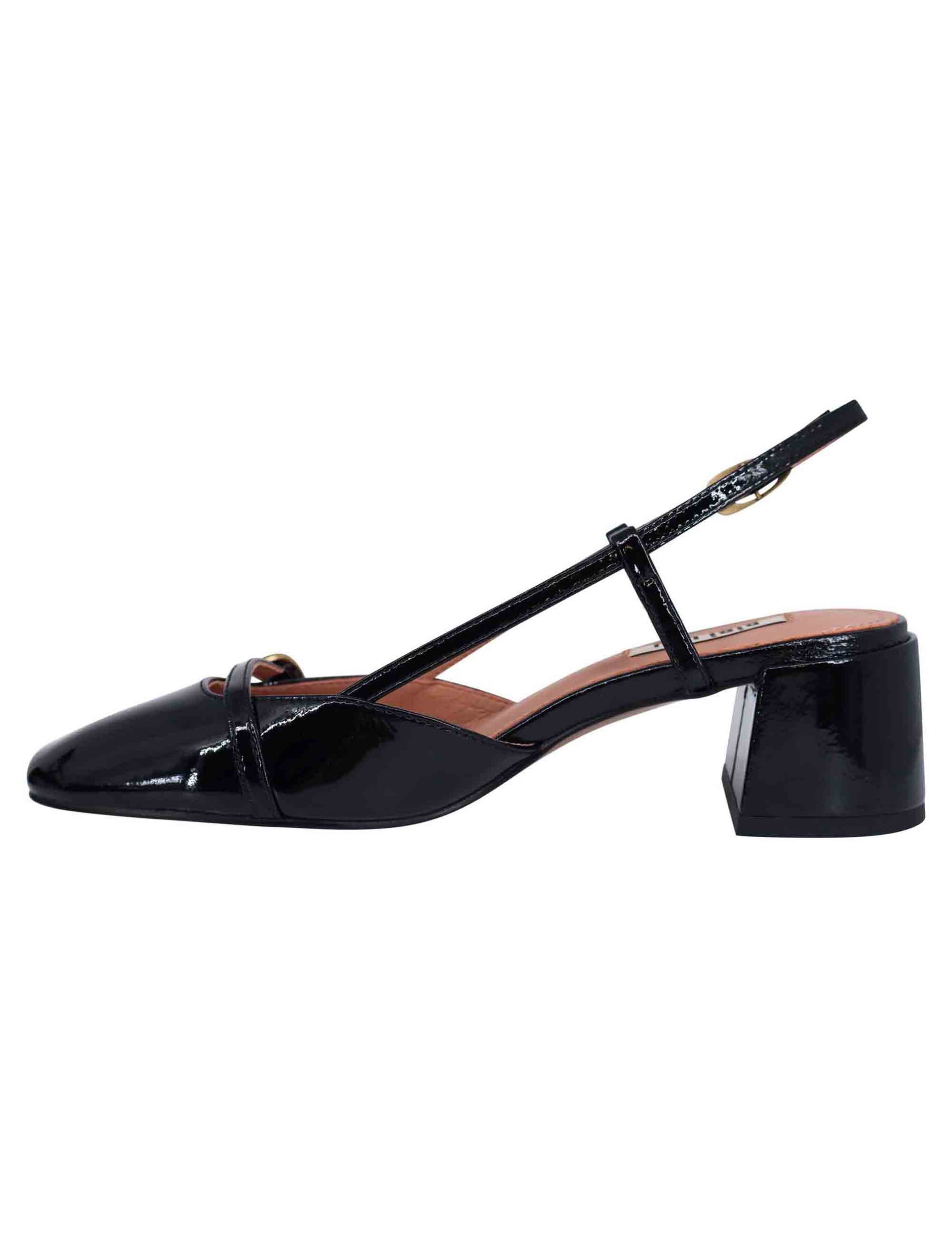 Women's black patent slingback pumps with Patty buckle