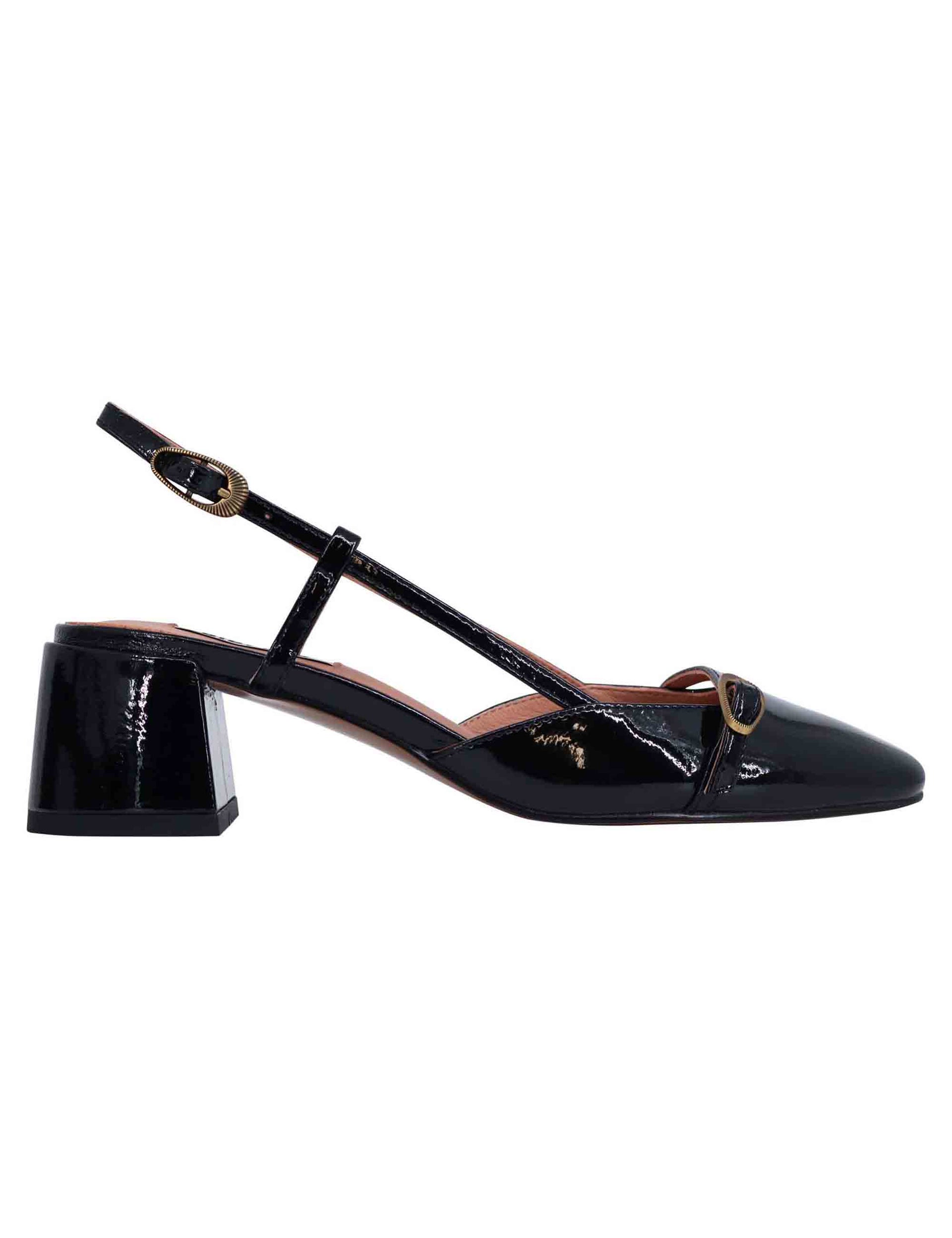 Women's black patent slingback pumps with Patty buckle