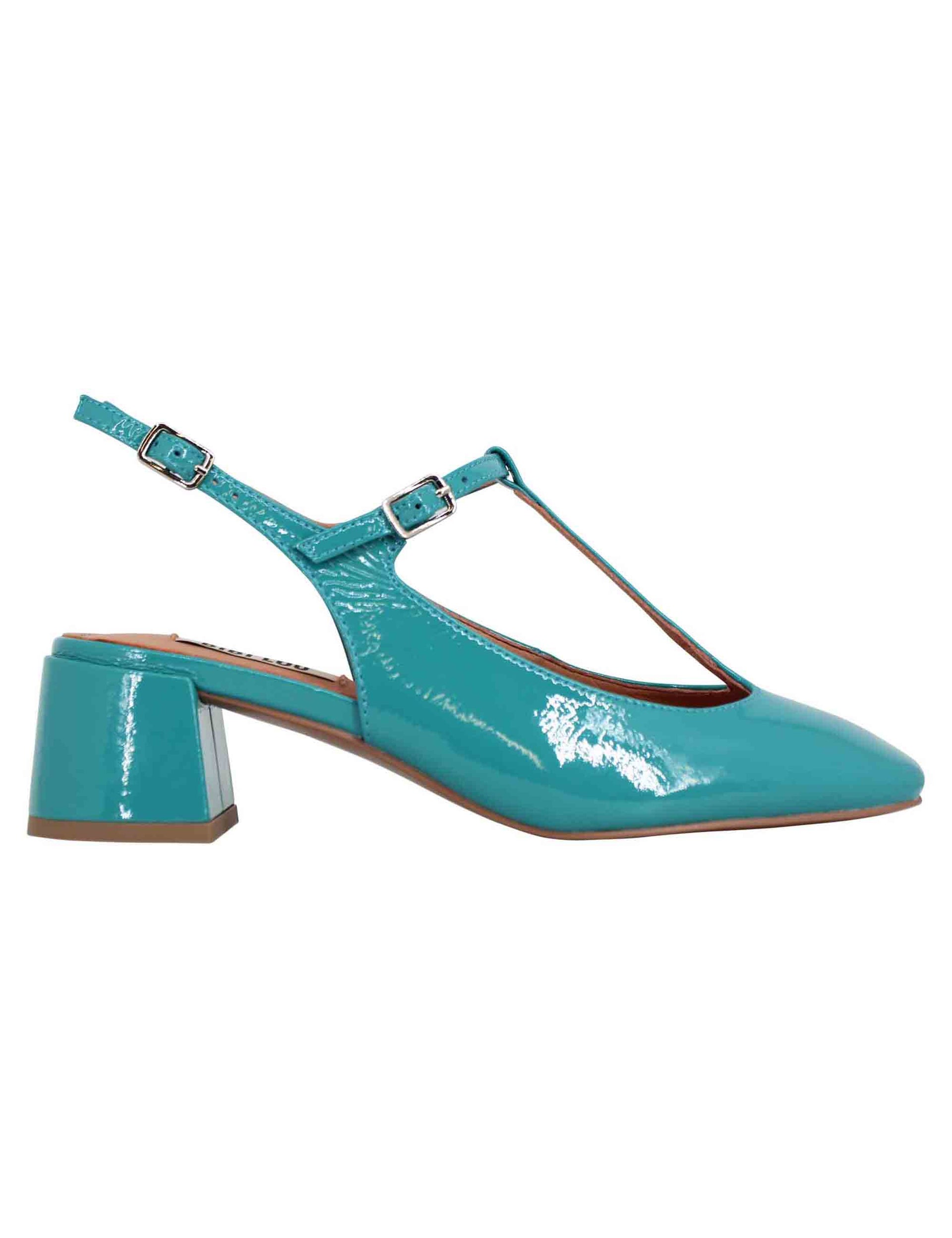 Women's slingback pumps in turquoise patent leather with double Mignon strap