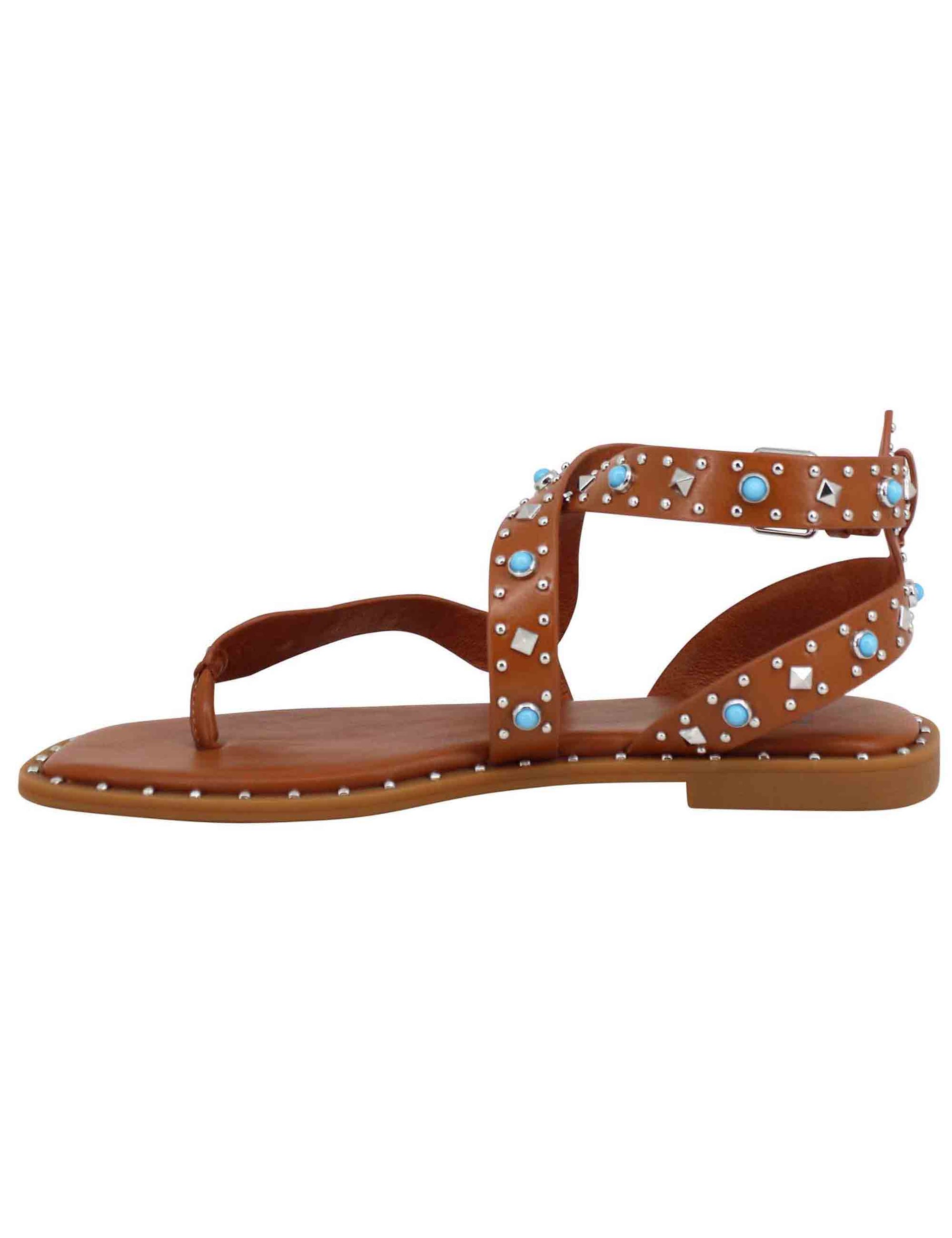 Women's flat sandals in eco leather with rhinestones and studs with Petra ankle strap